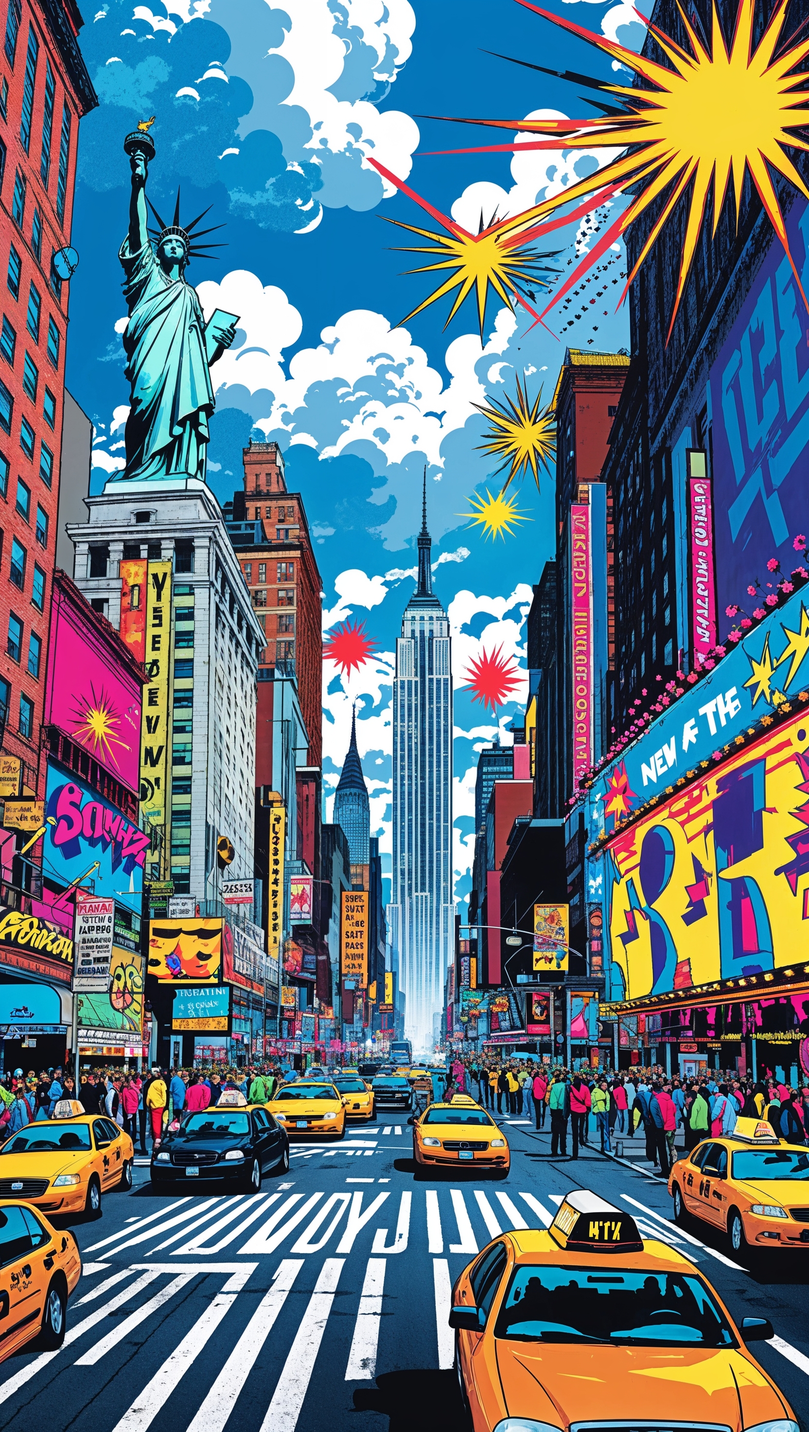 Pop art style NYC scene with bright colors and comic effects
