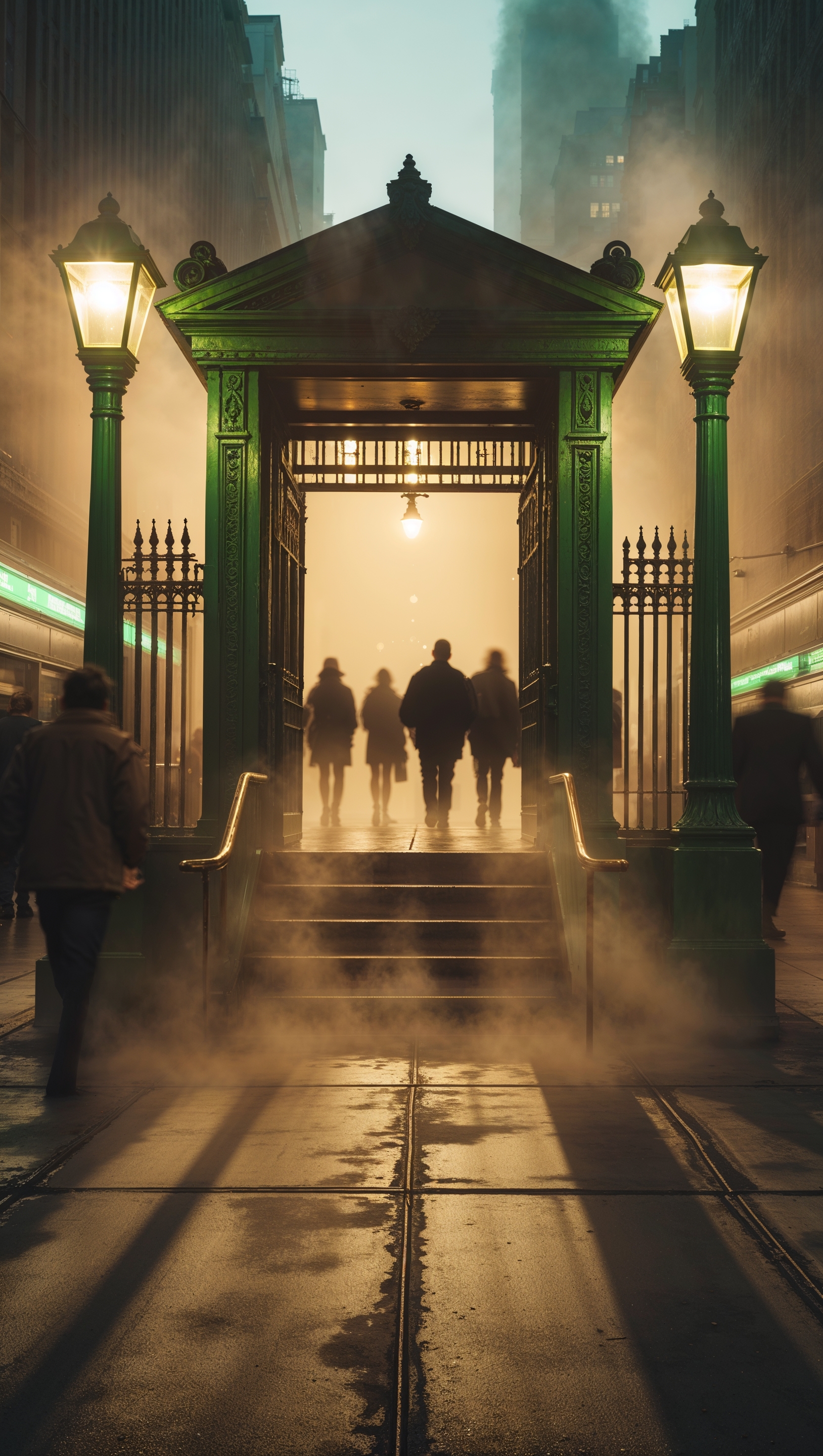 New York subway entrance with dramatic lighting and shadows