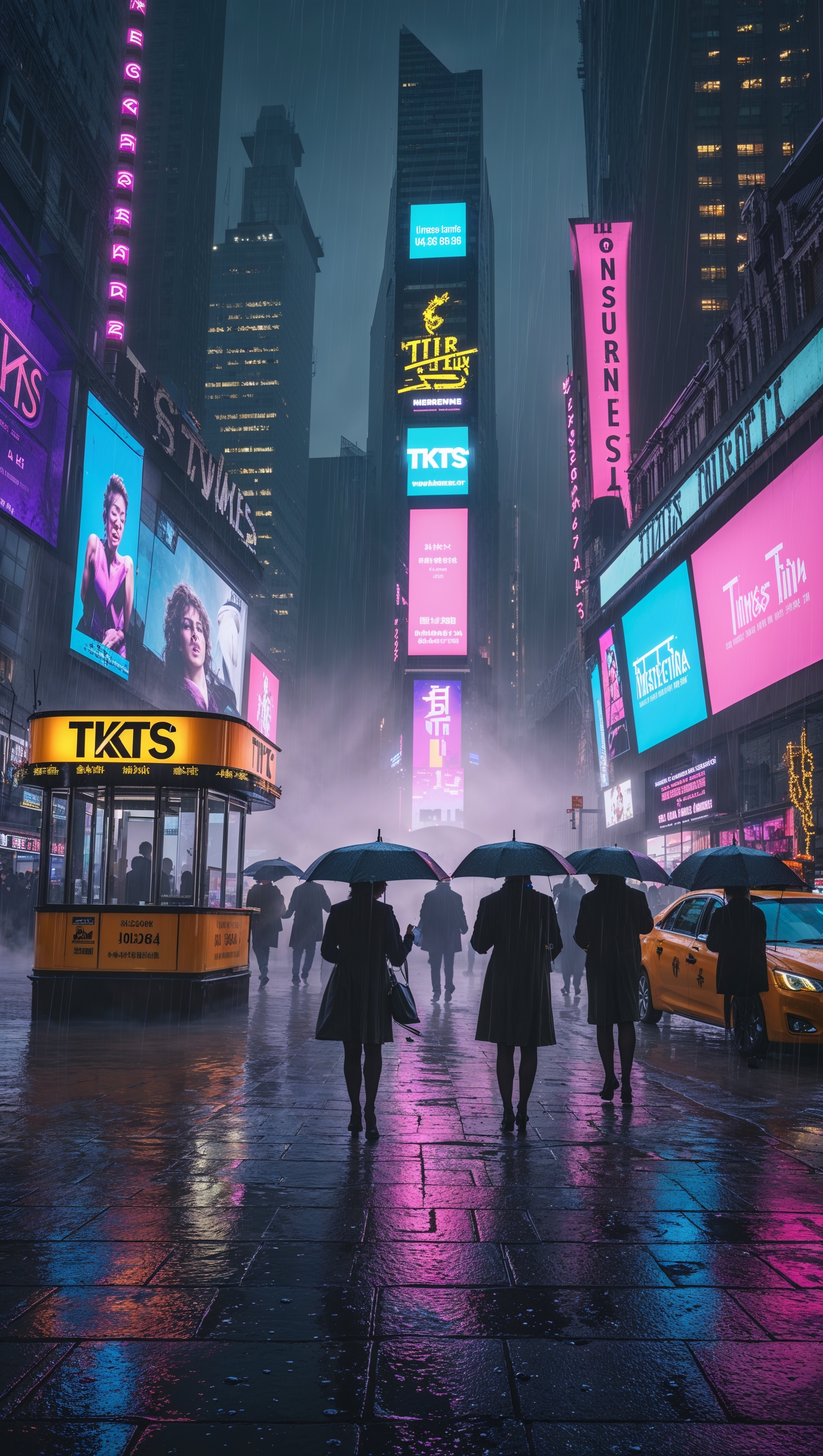 Times Square in the rain, cinematic noir feel