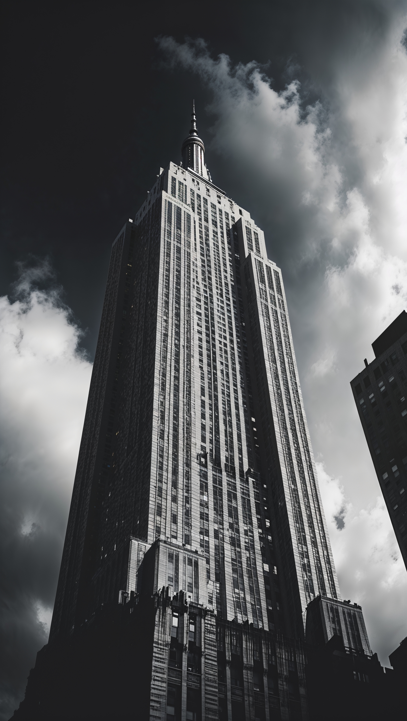 High-contrast black and white photo of Empire State Building