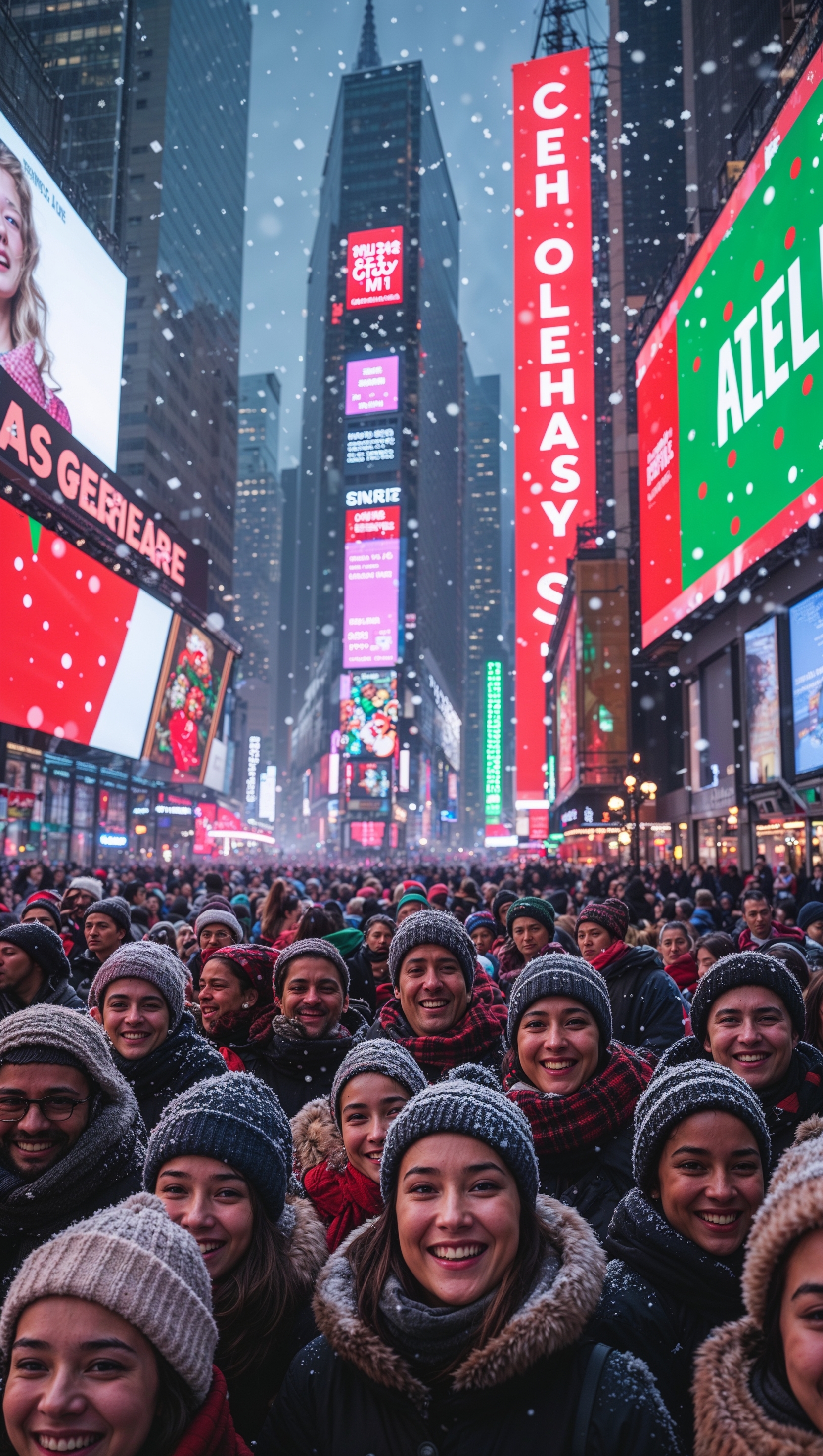 Snow falling over Times Square during Christmas season