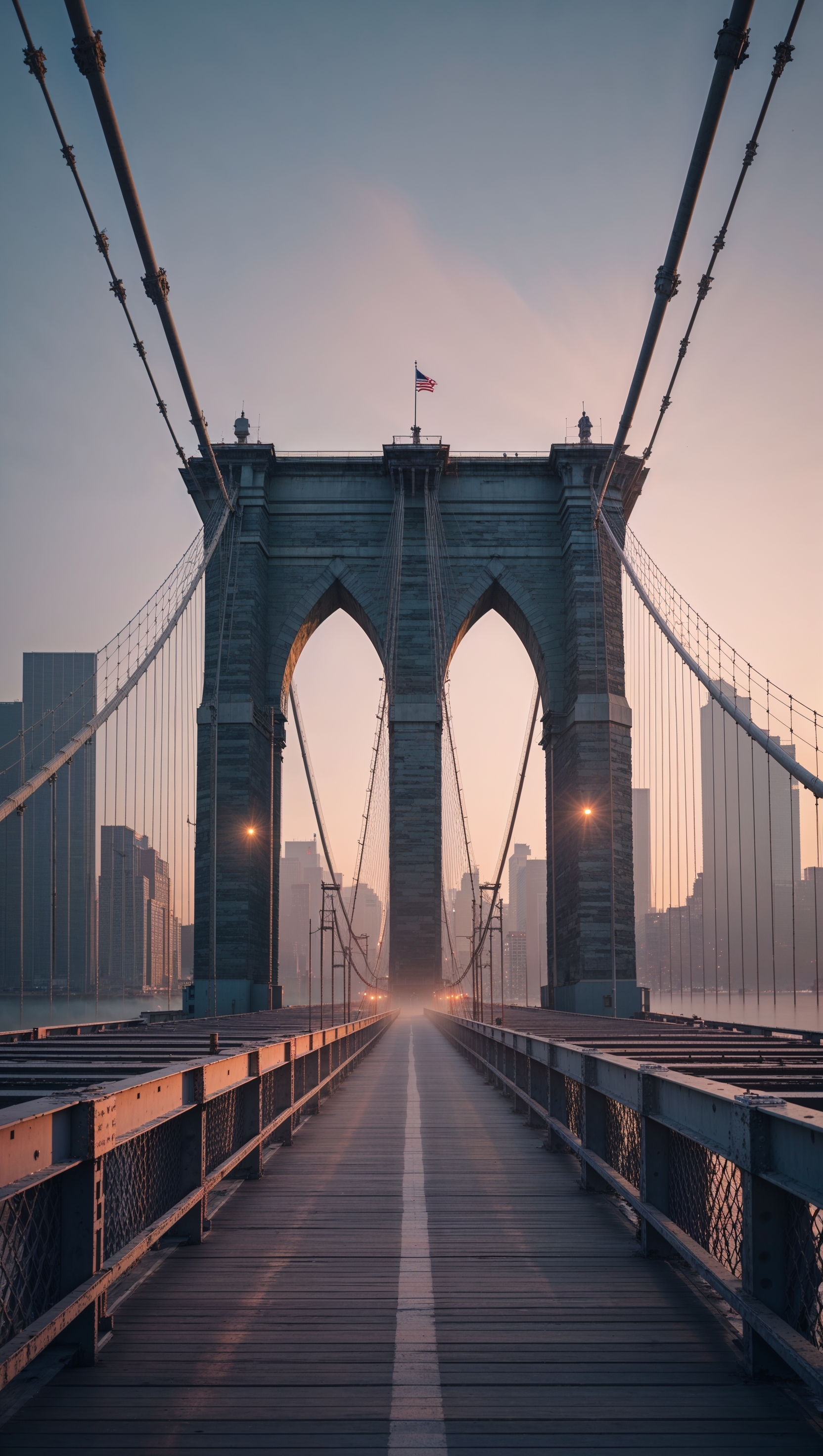 Brooklyn Bridge at dawn with soft lighting, minimalist style