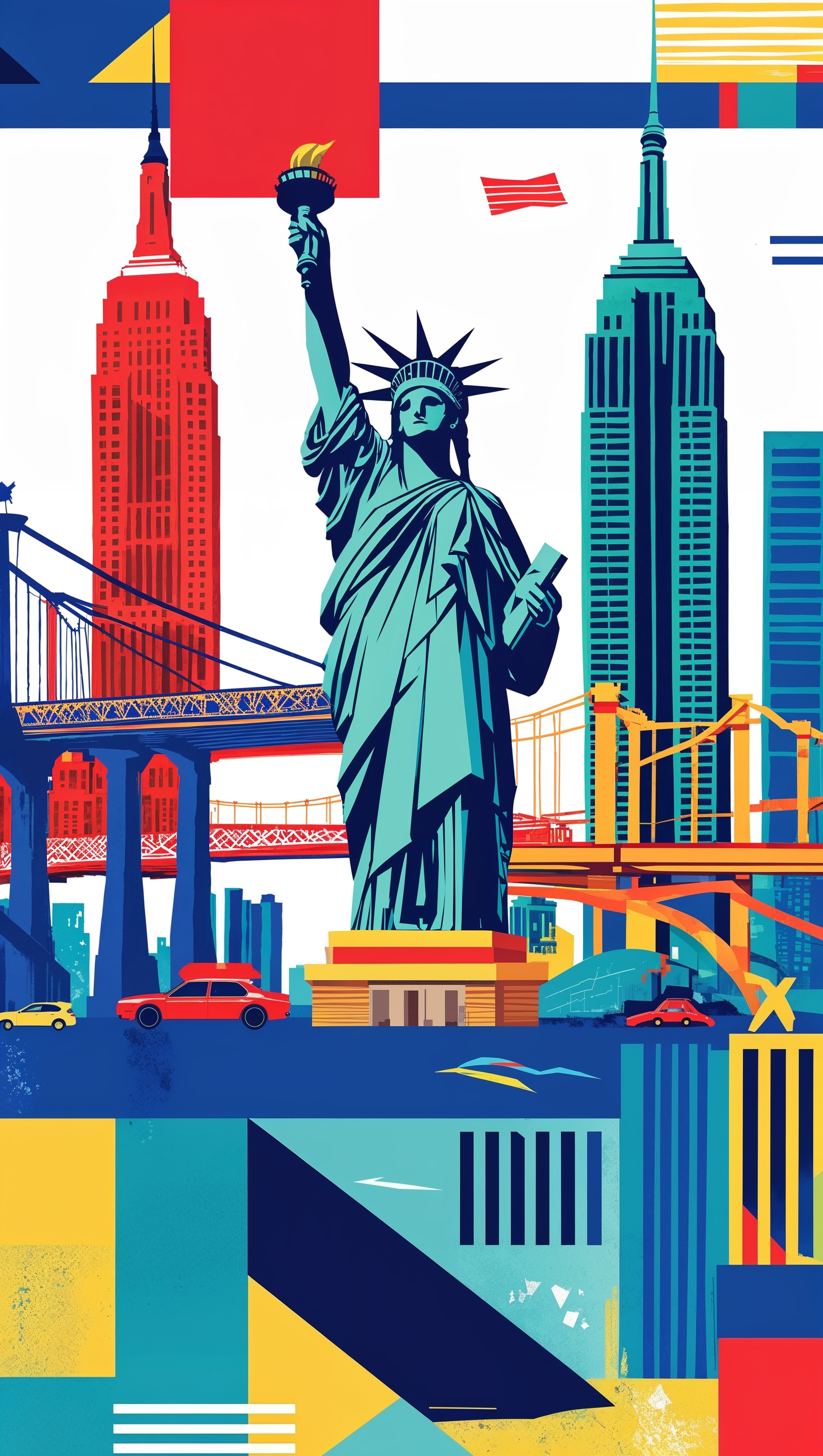 Flat lay illustration of NYC landmarks for colorful iPhone wallpaper