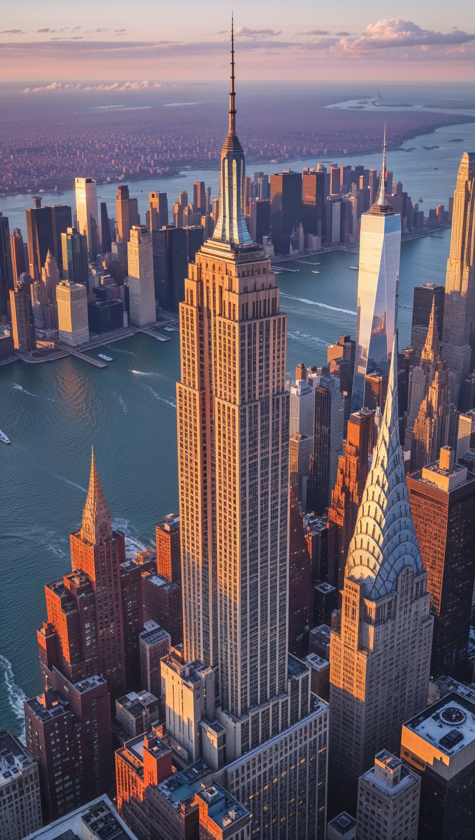 Aerial view of Manhattan during golden hour, high resolution