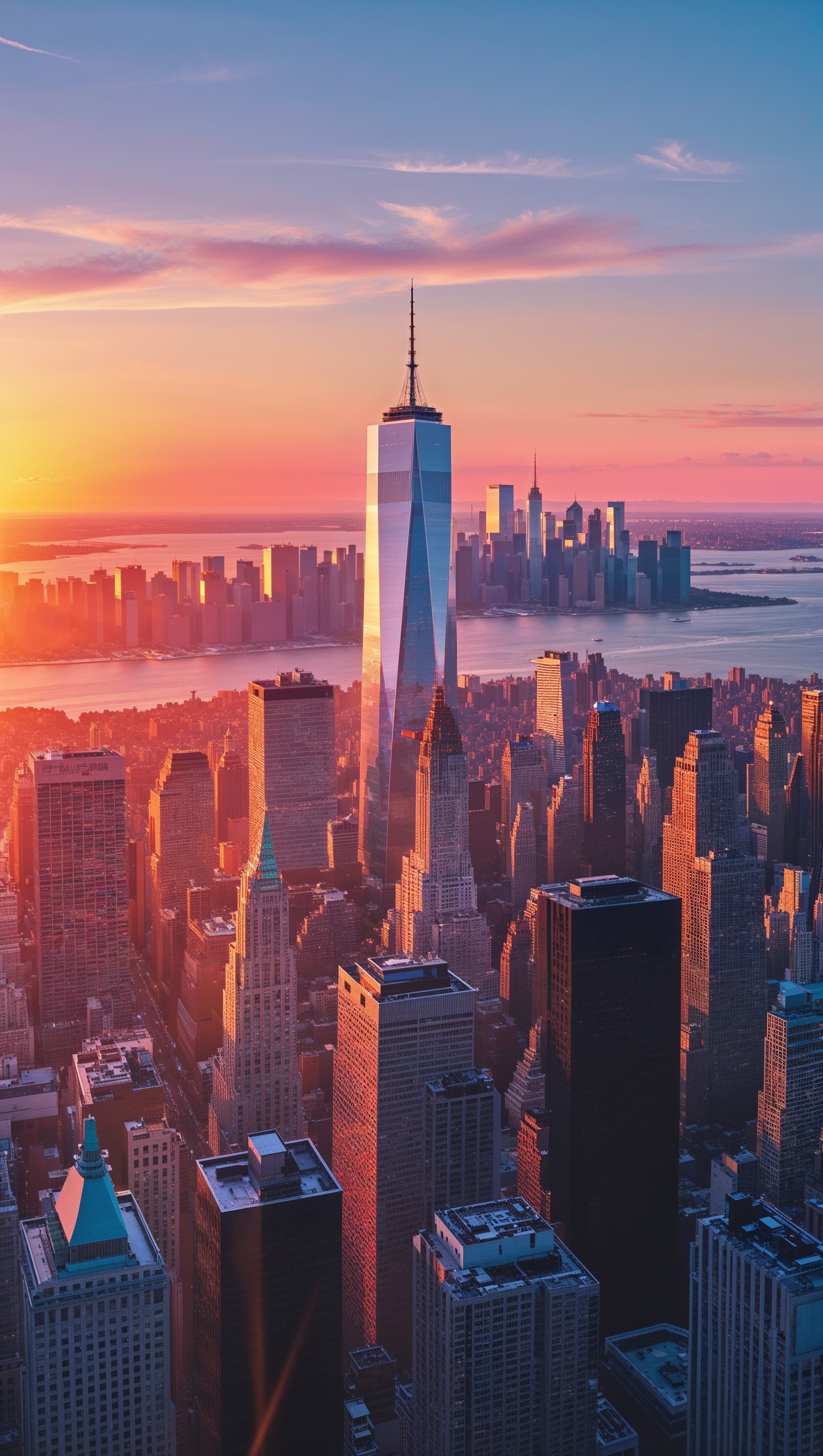 A stunning sunset view over New York City skyline, perfect for an iPhone wallpaper
