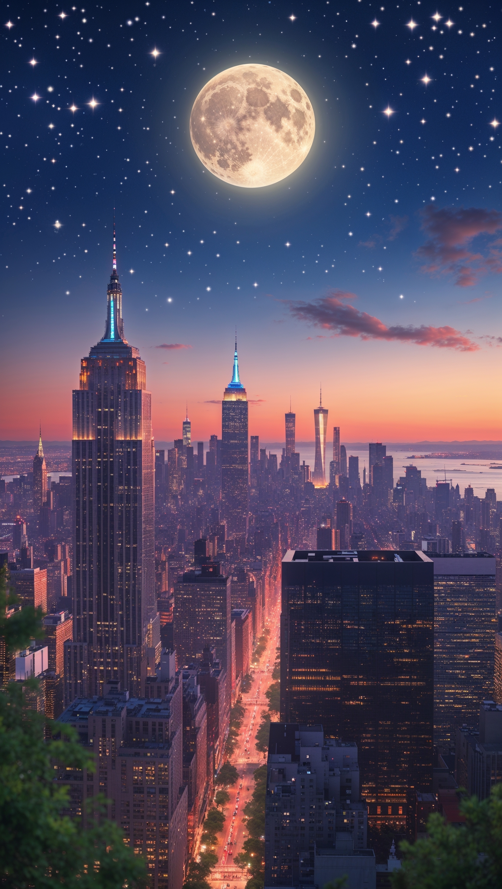 New York skyline with stars and moon, dreamy night vibe