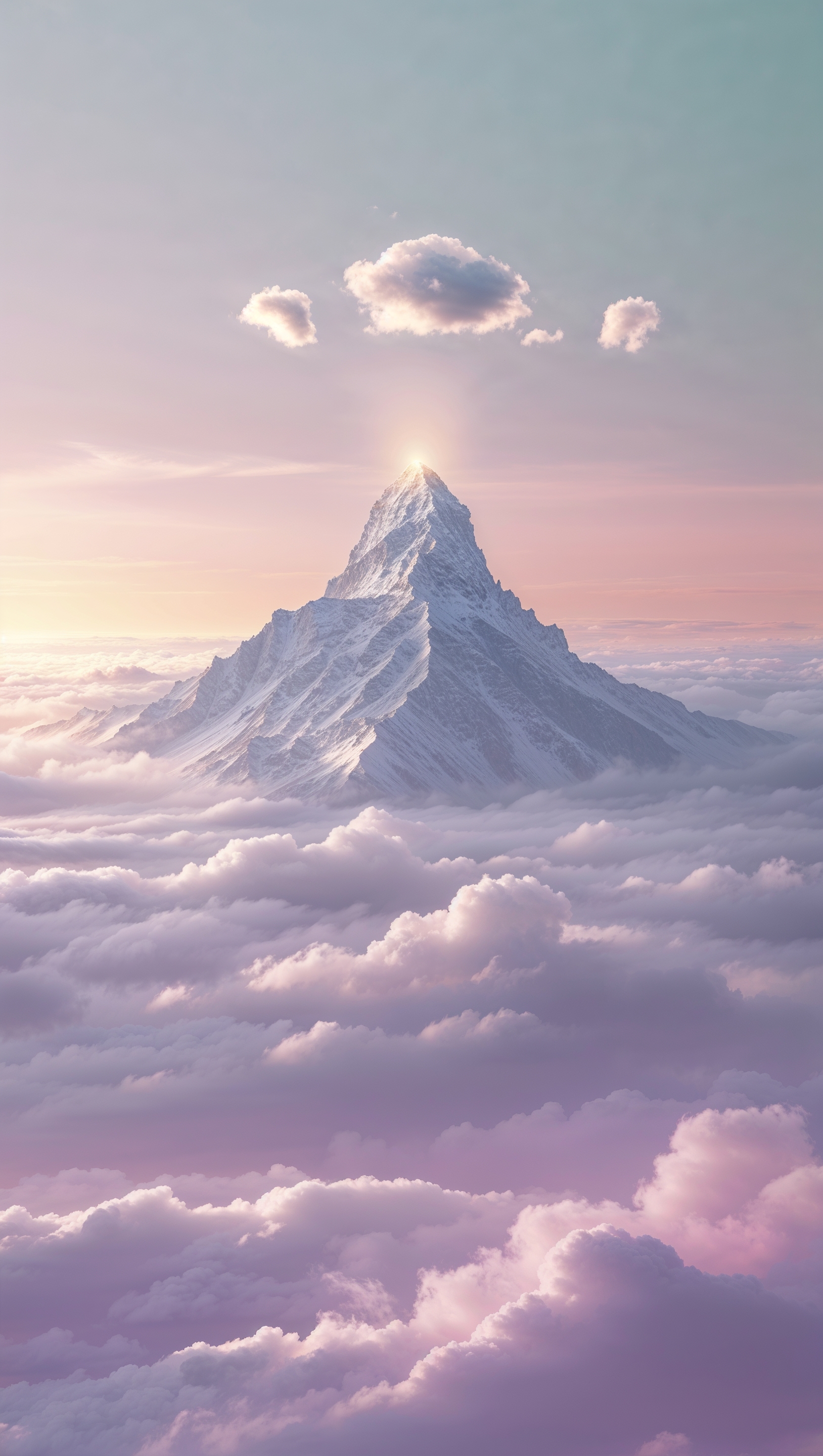 A serene mountaintop above the clouds, symbolizing spiritual nirvana, in soft pastel colors – iPhone wallpaper