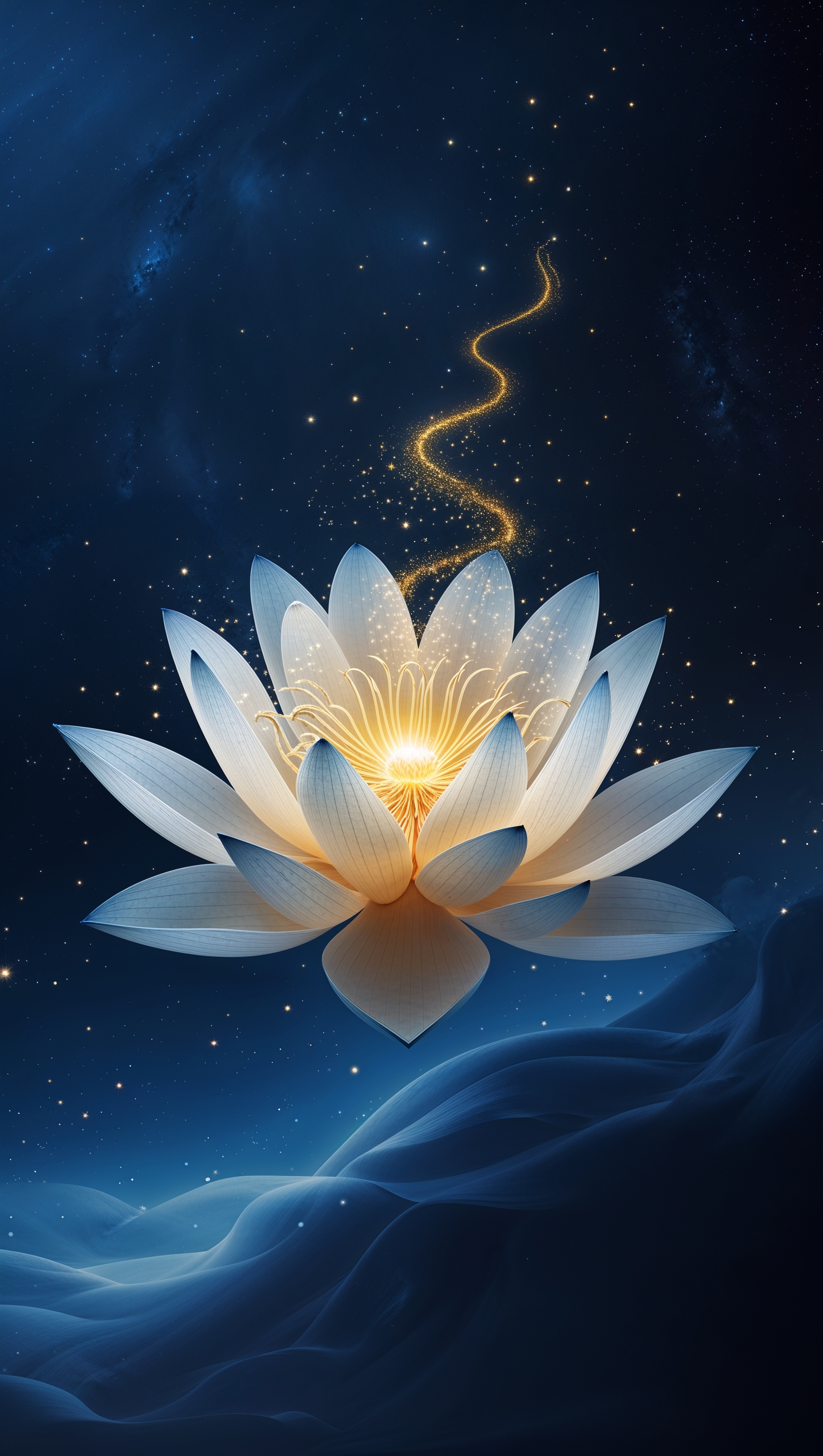 A glowing lotus flower floating in space, representing spiritual awakening – Nirvana iPhone wallpaper