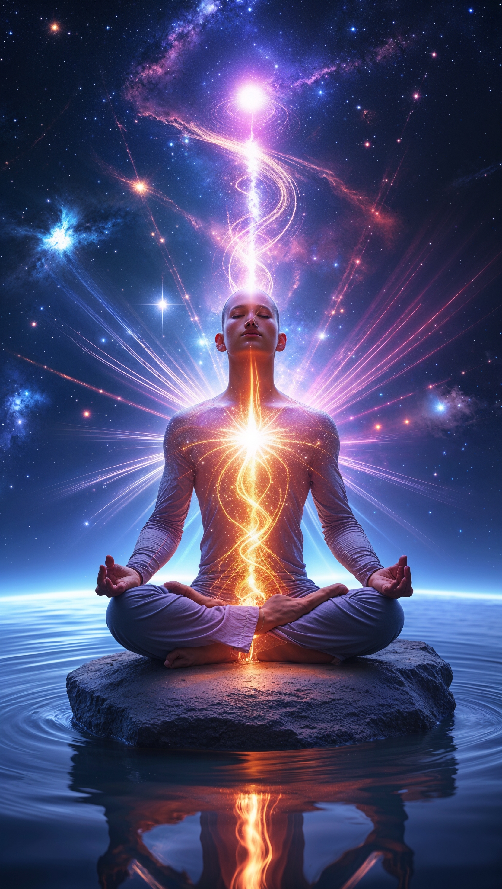 Cosmic energy flowing through a meditating person – spiritual awakening