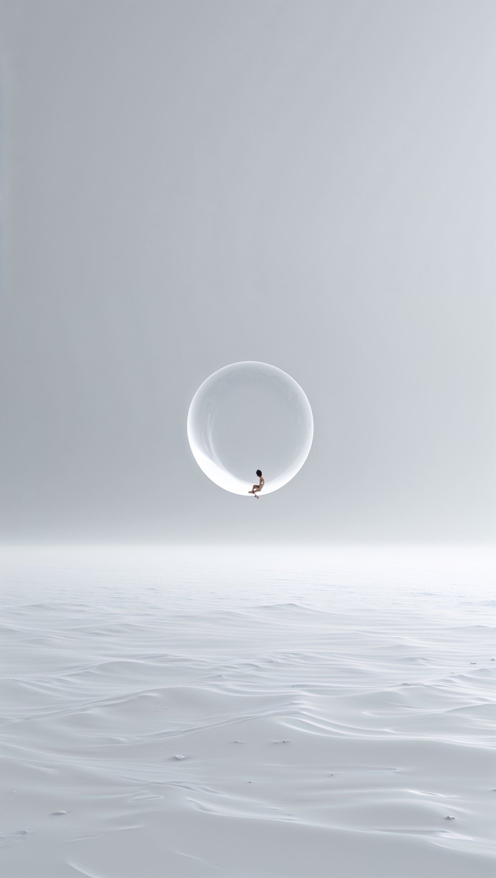 Infinite white space with single floating soul – minimalist nirvana wallpaper