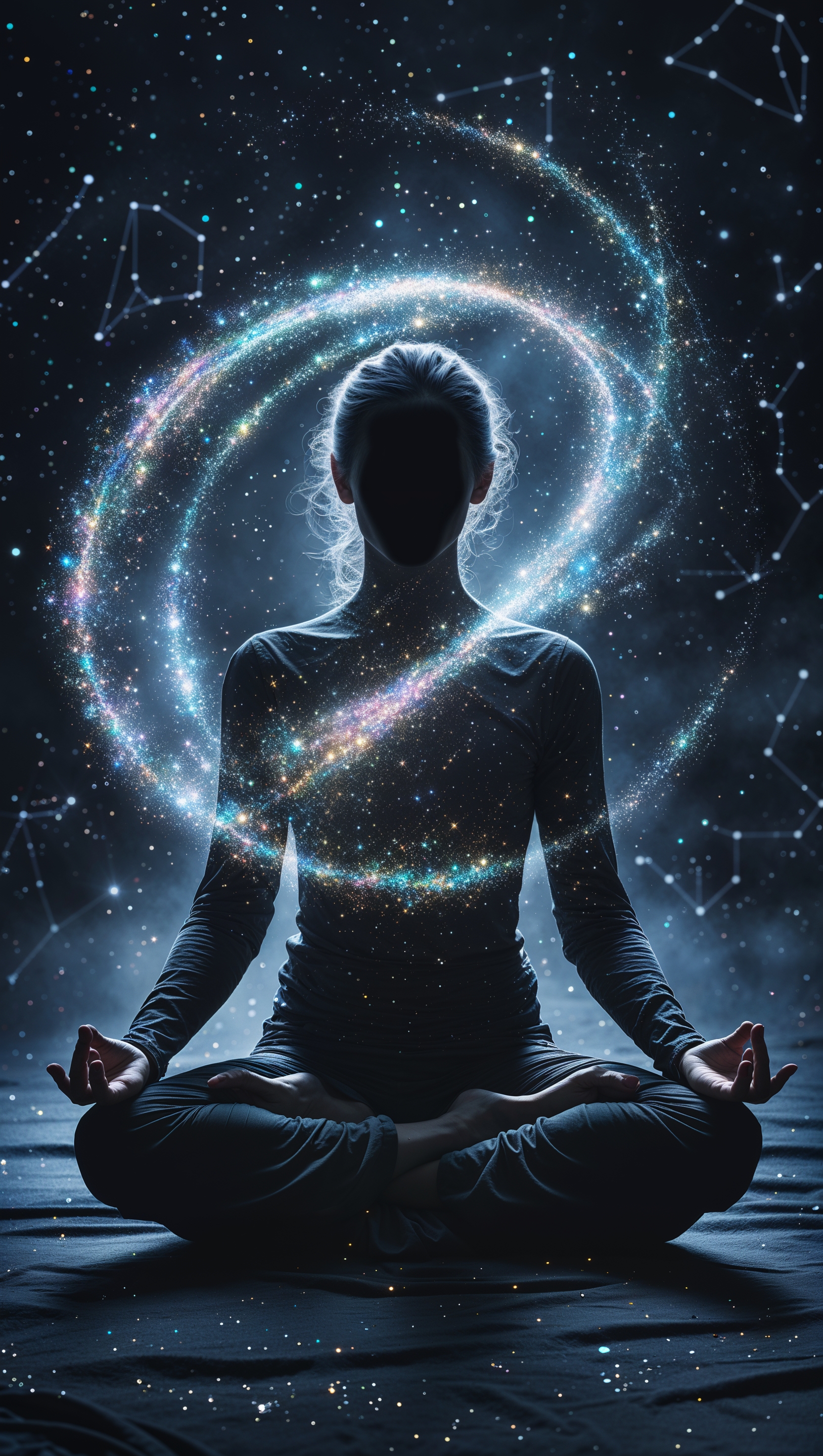 Meditating silhouette surrounded by stardust – cosmic serenity