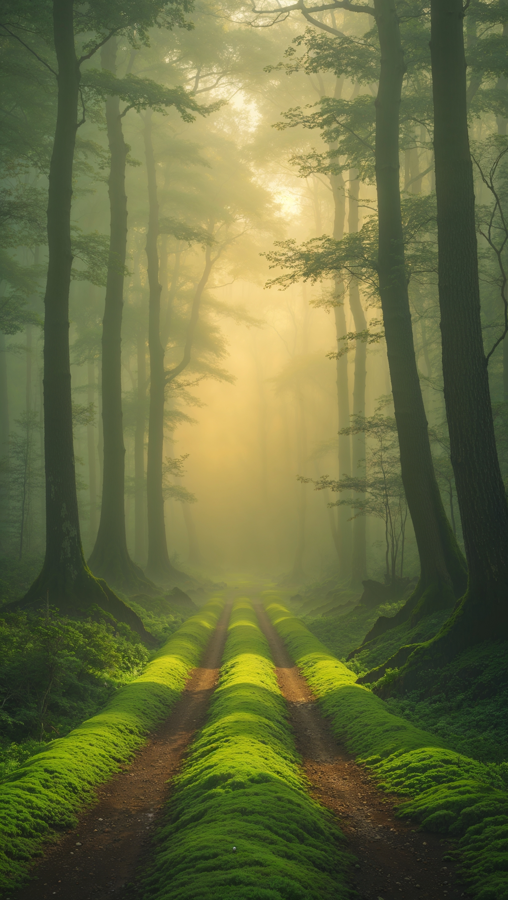 A peaceful forest path covered in golden mist – nirvana journey concept