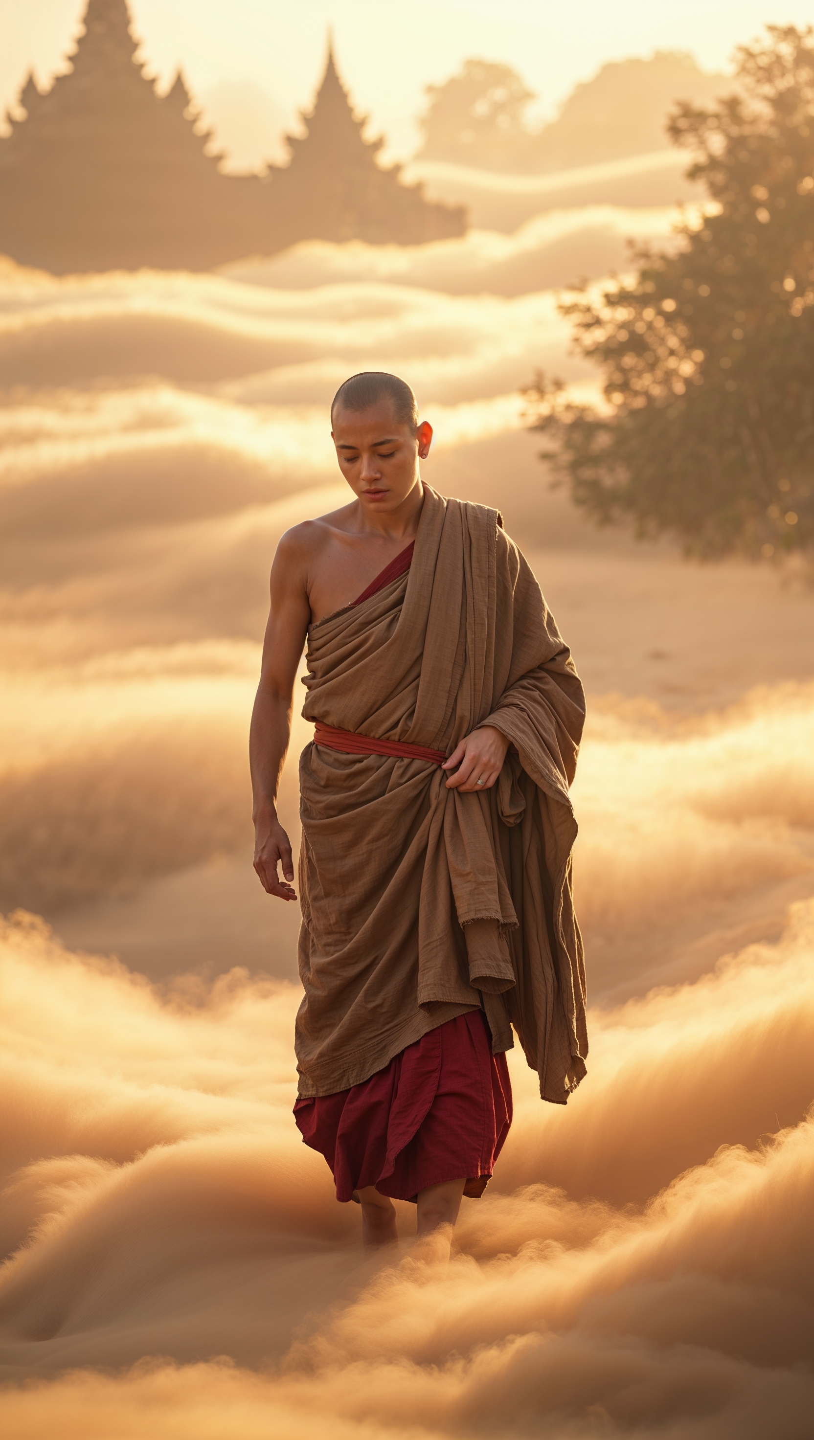 Monk walking into golden fog – metaphor for enlightenment