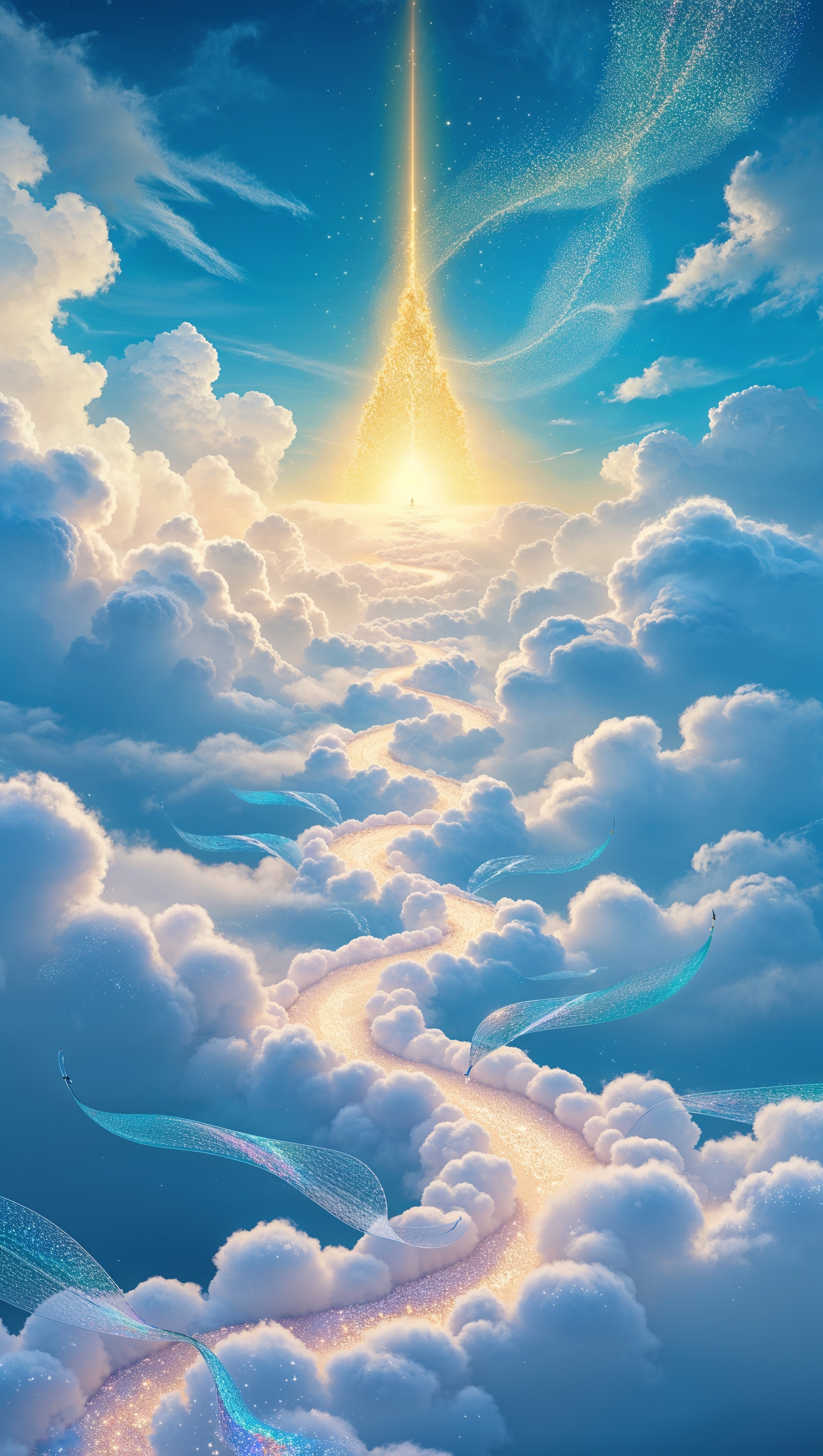Path made of clouds leading to light – journey to nirvana