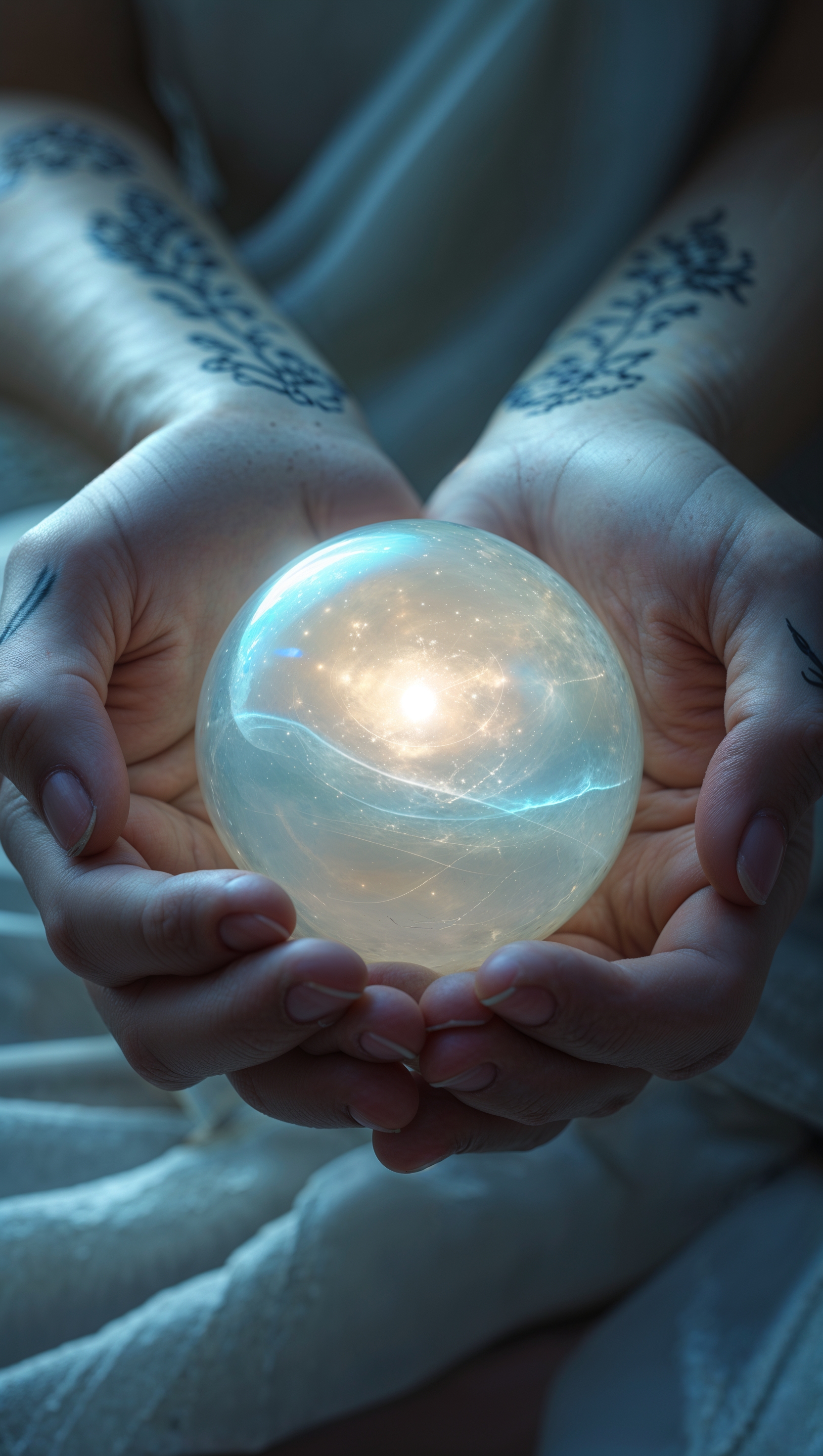 Hands holding glowing orb of peace – spiritual nirvana concept