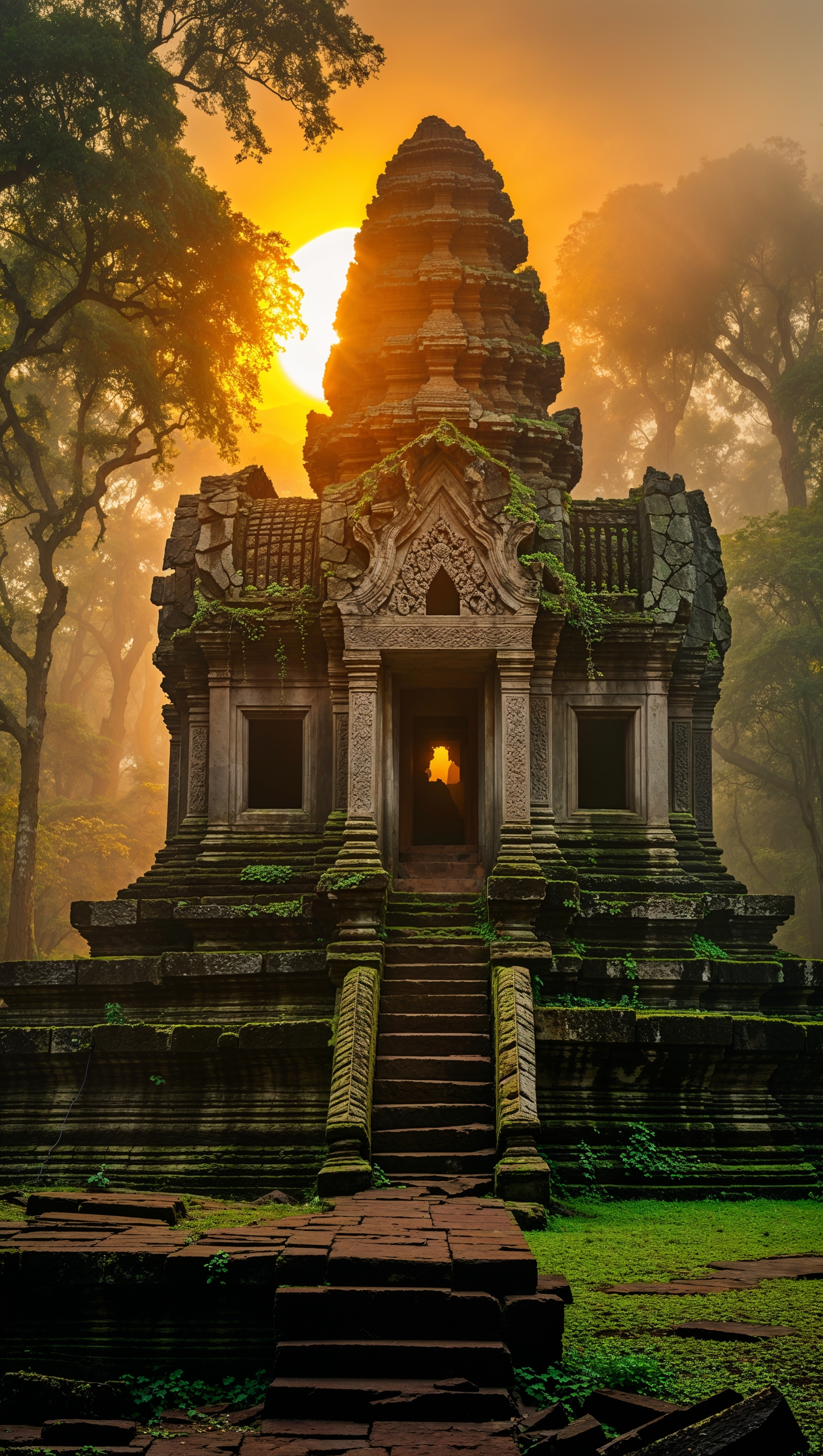Golden sunrise behind ancient temple – spiritual awakening