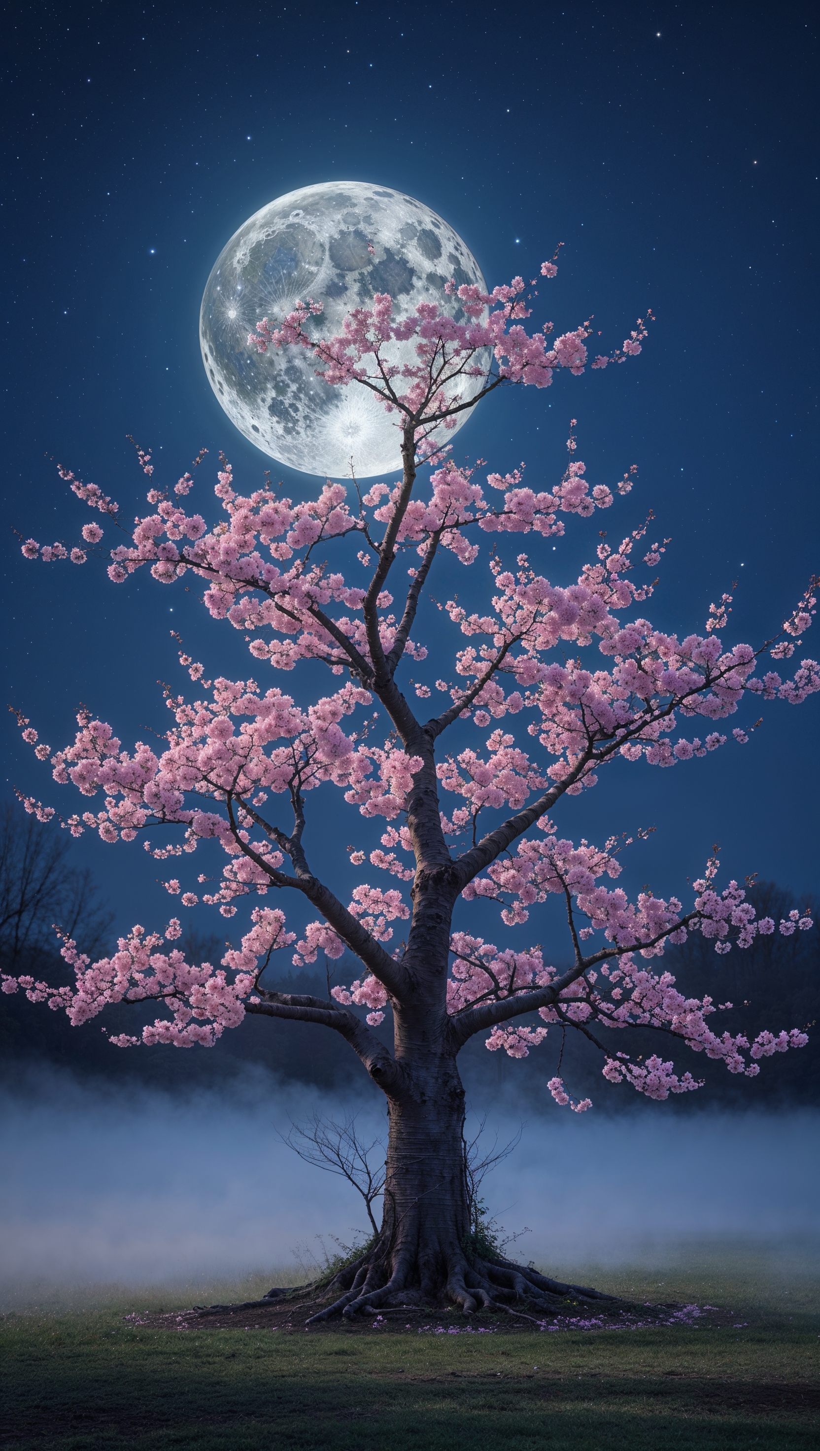 Cherry blossom tree under moonlight – peaceful and meditative