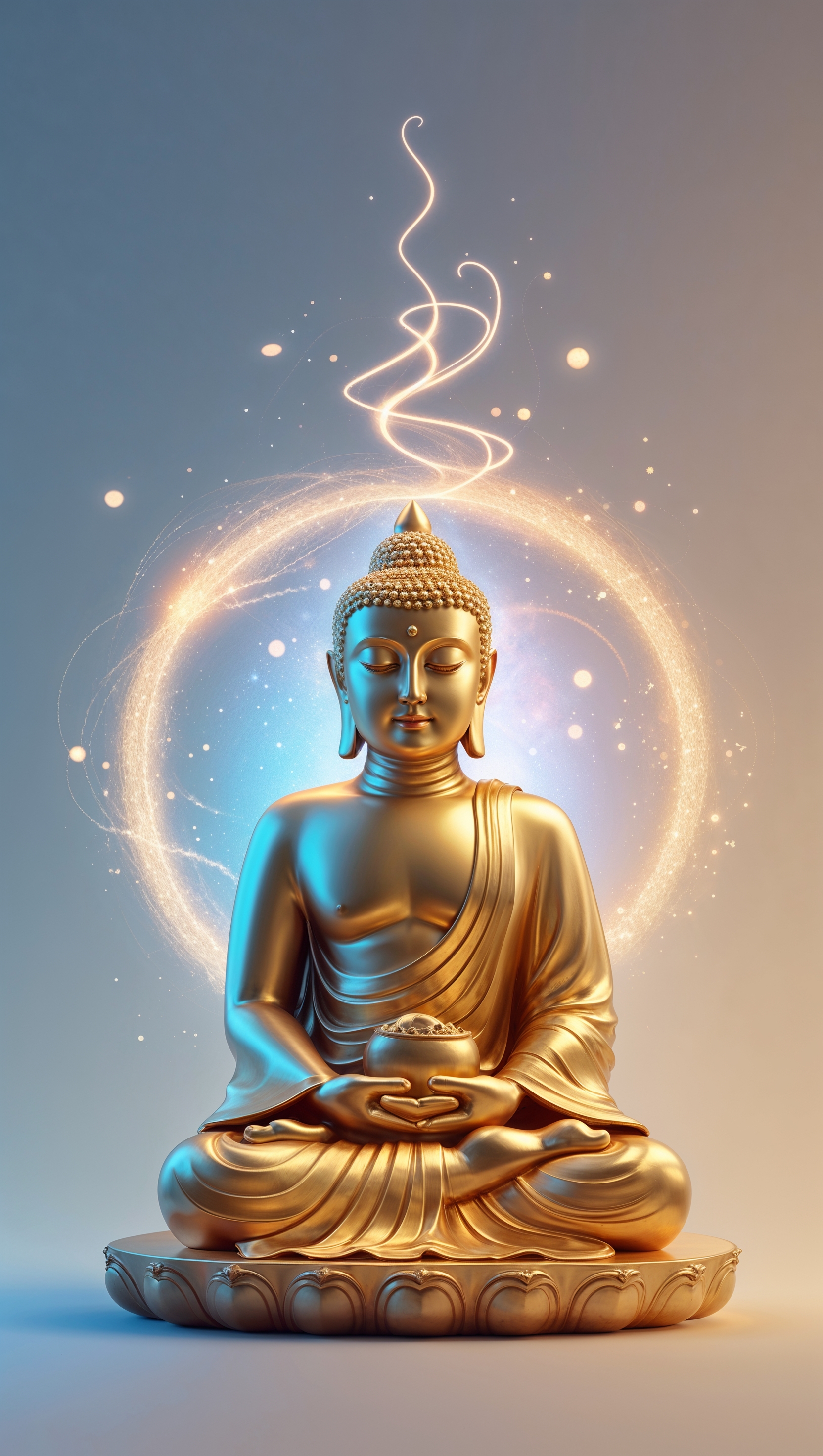 Golden Buddha in deep meditation, surrounded by glowing energy, peaceful nirvana theme – iPhone background