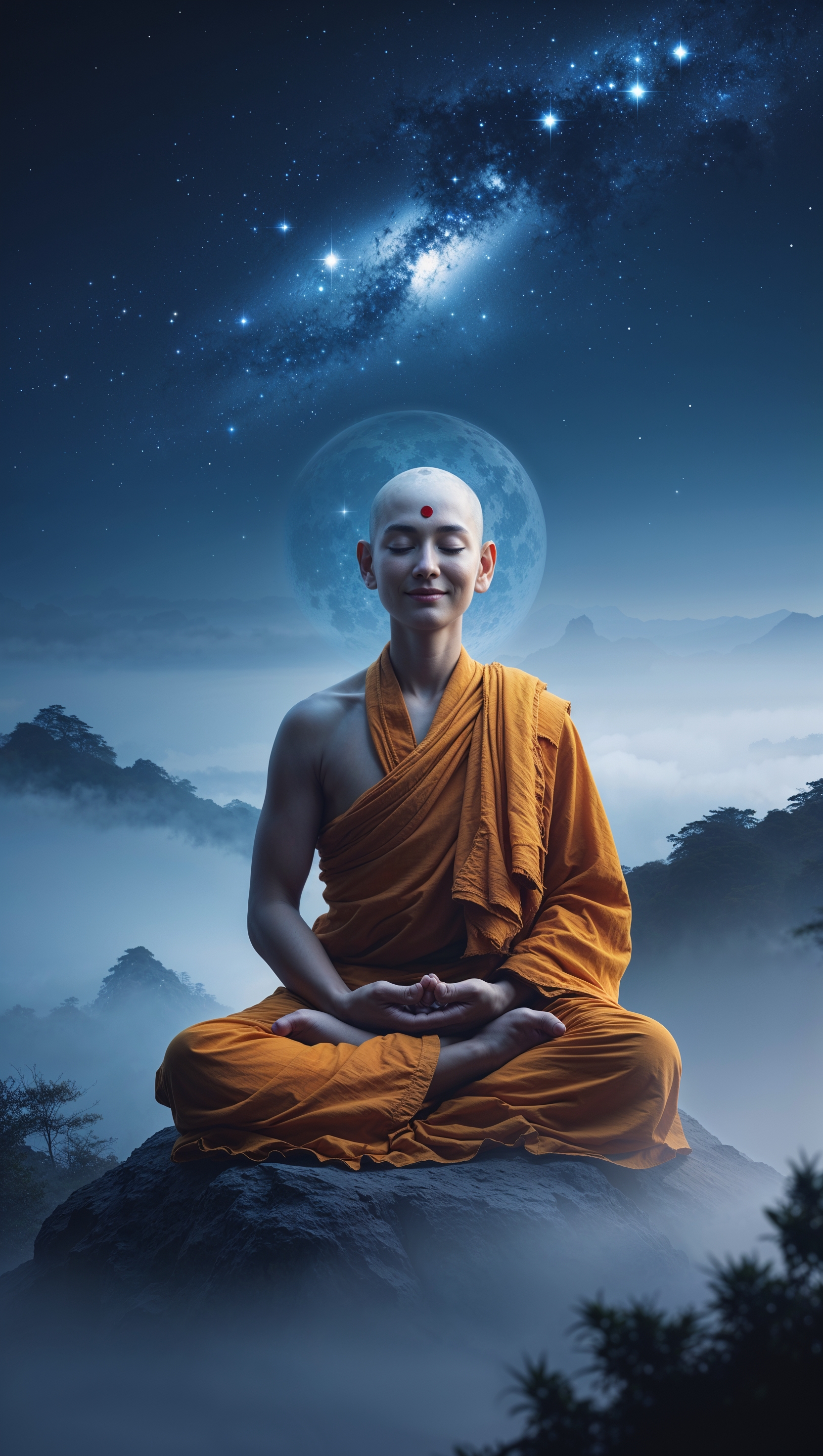 Meditating monk under a starry sky, entering nirvana – peaceful iPhone wallpaper