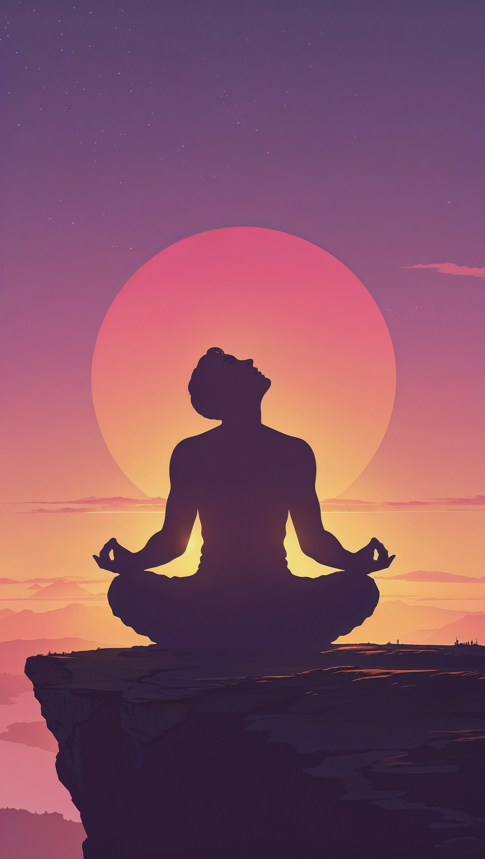 Silhouette of a meditating figure on a cliff during sunrise – iPhone background inspired by nirvana