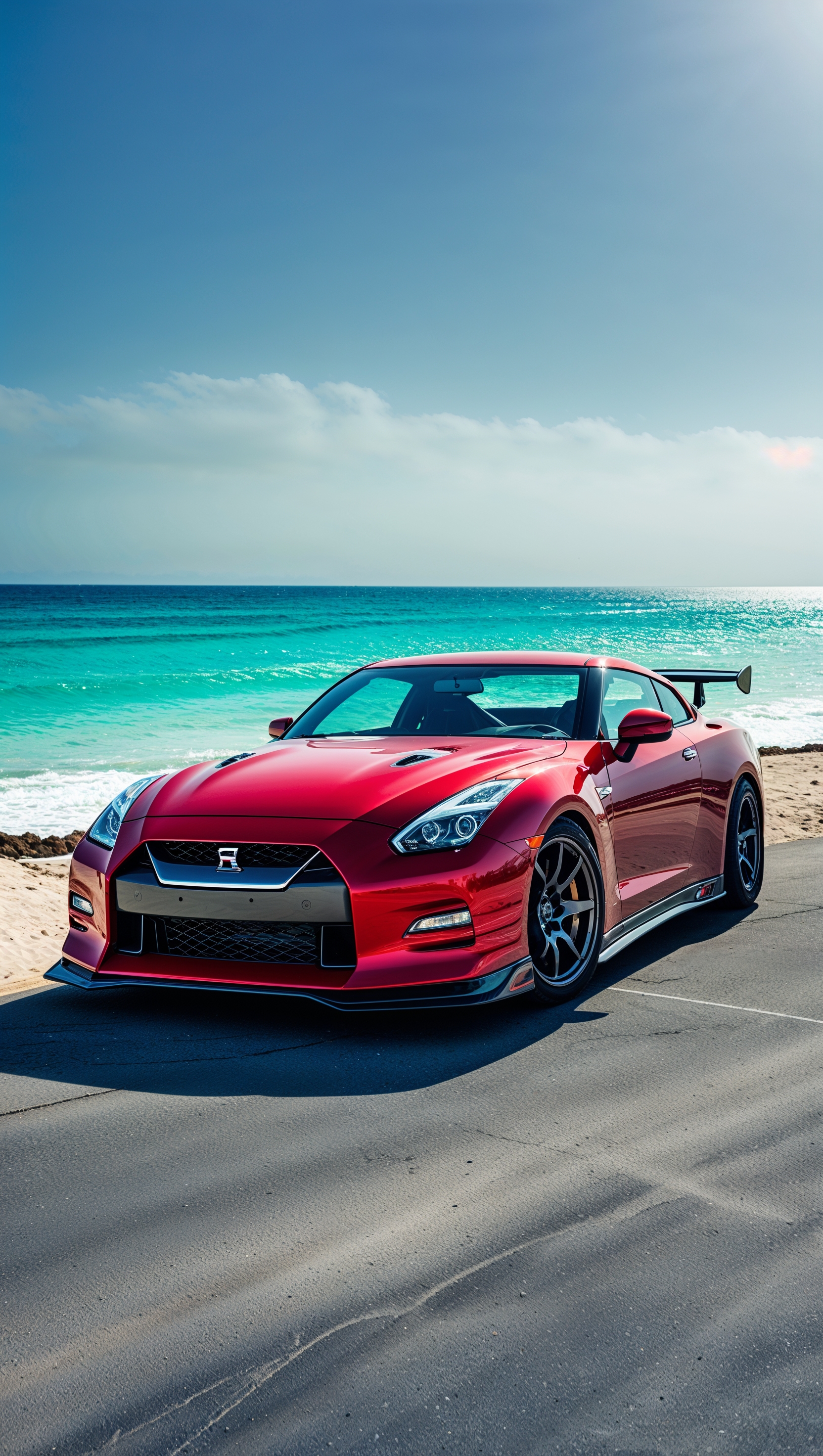 Red Nissan GTR parked near the beach with a blue sky