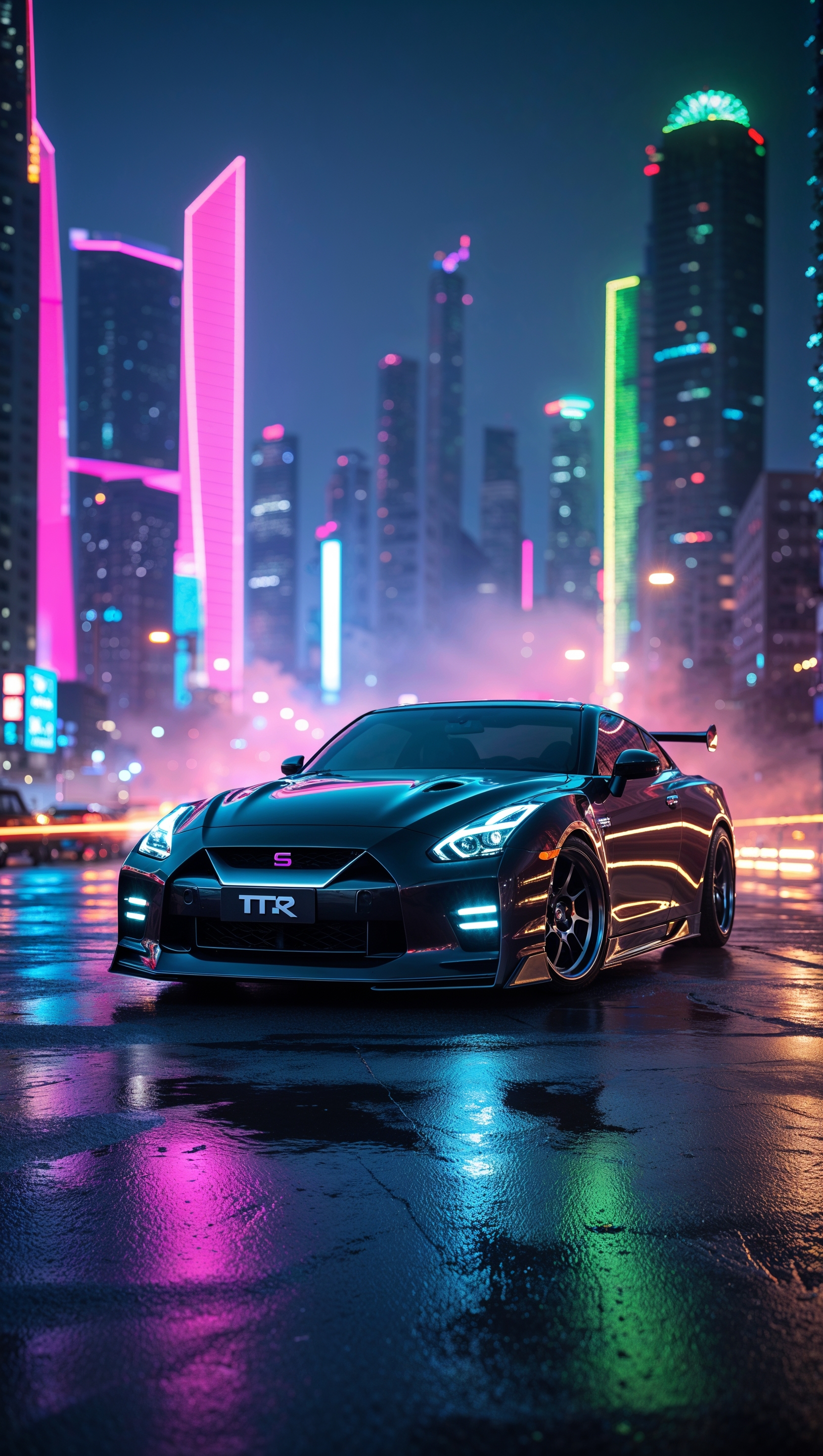 Nissan GTR with a modern city neon background