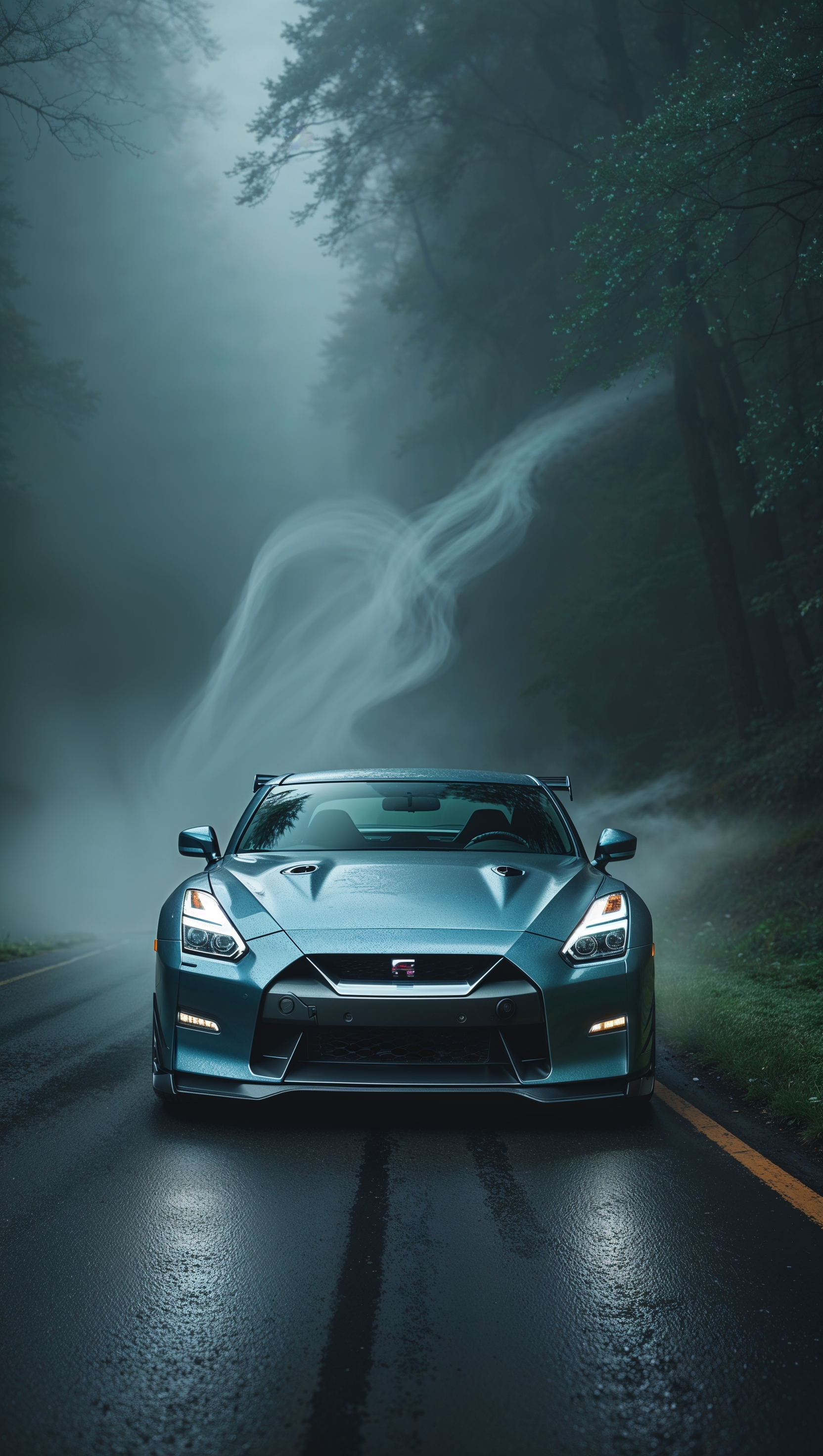 Grey Nissan GTR on a foggy forest road