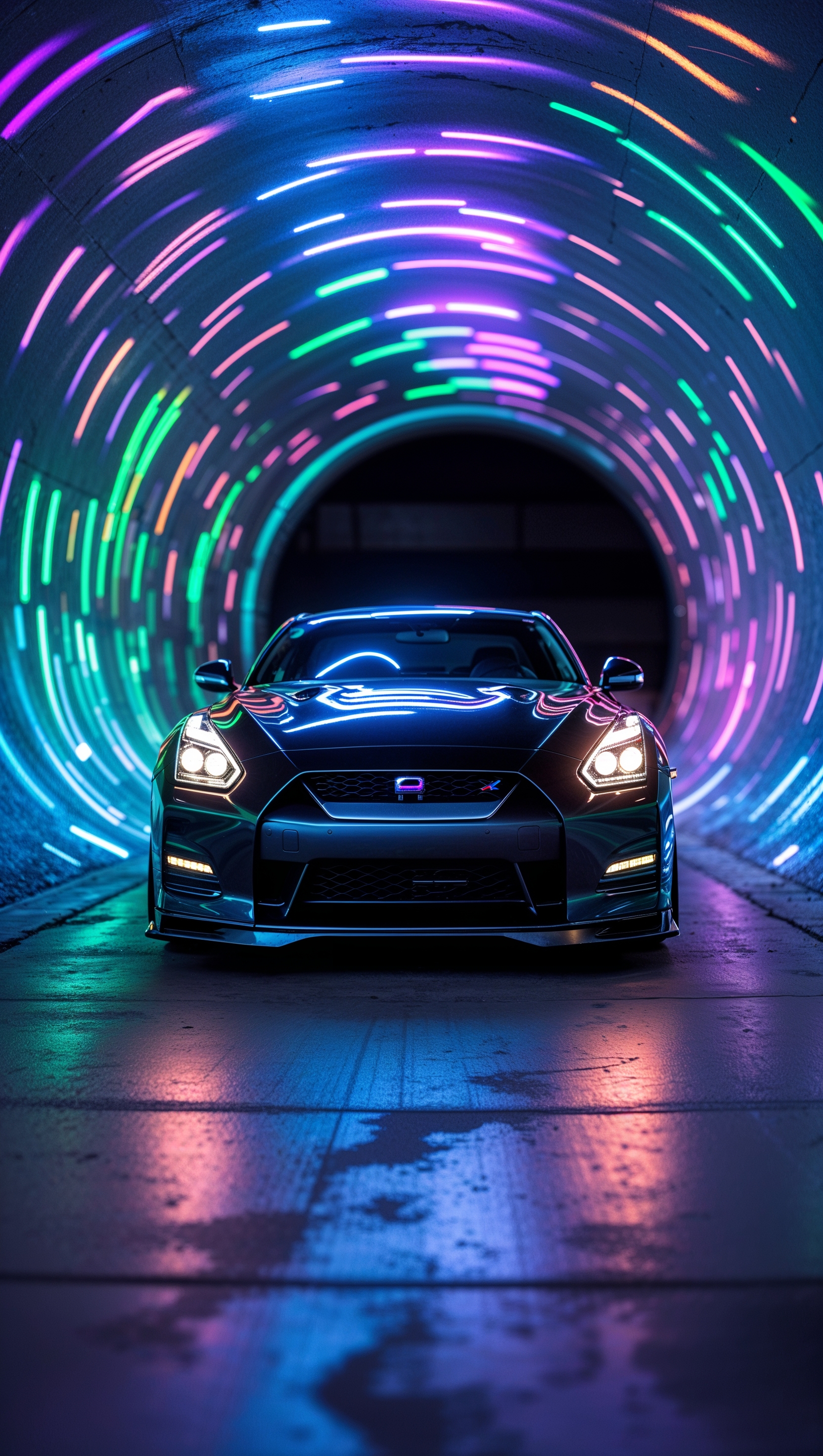 Nissan GTR in a tunnel with moving colored lights