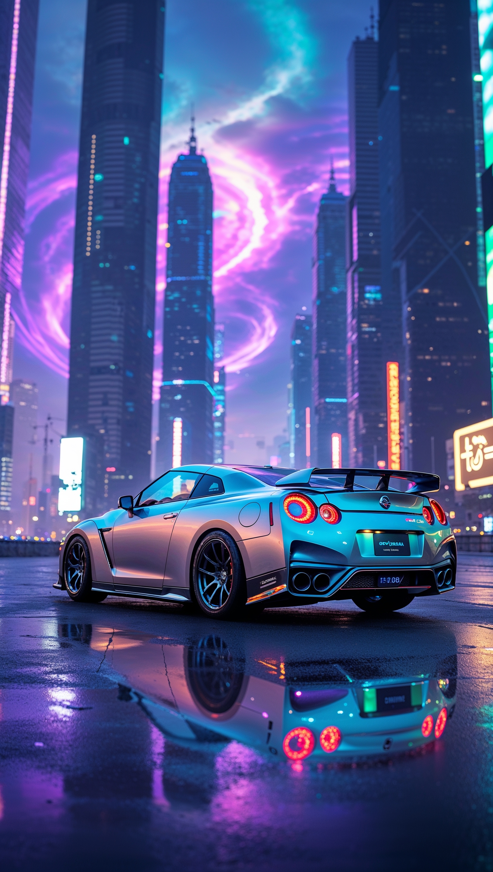 Nissan GTR in a fantasy futuristic background
