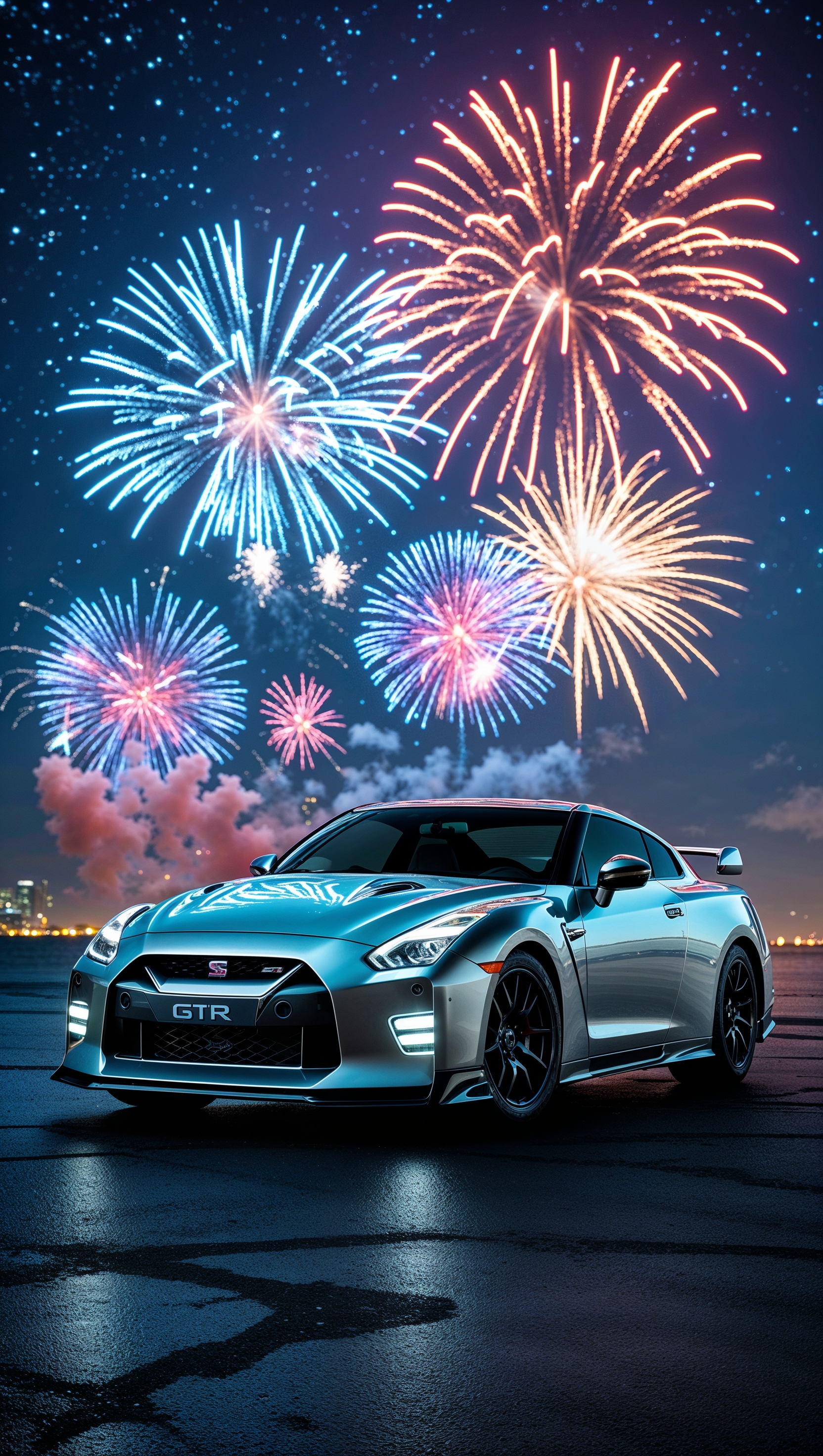 Nissan GTR with night fireworks background
