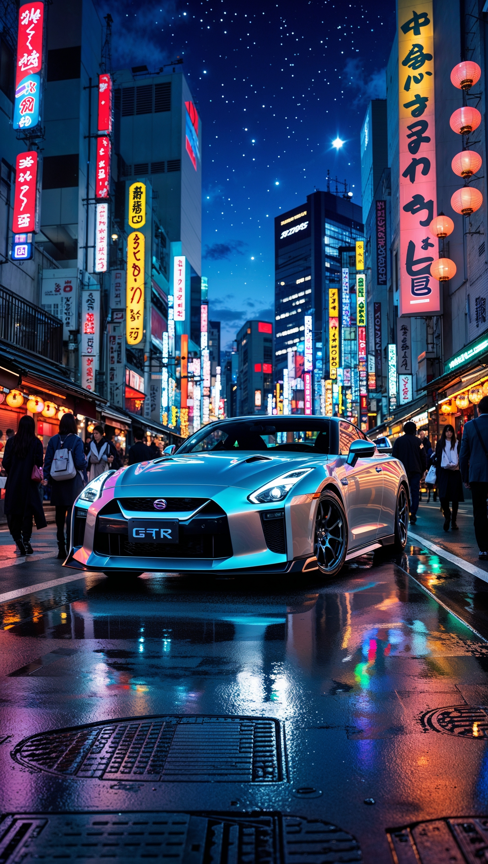 Nissan GTR in Japanese streets with neon signs