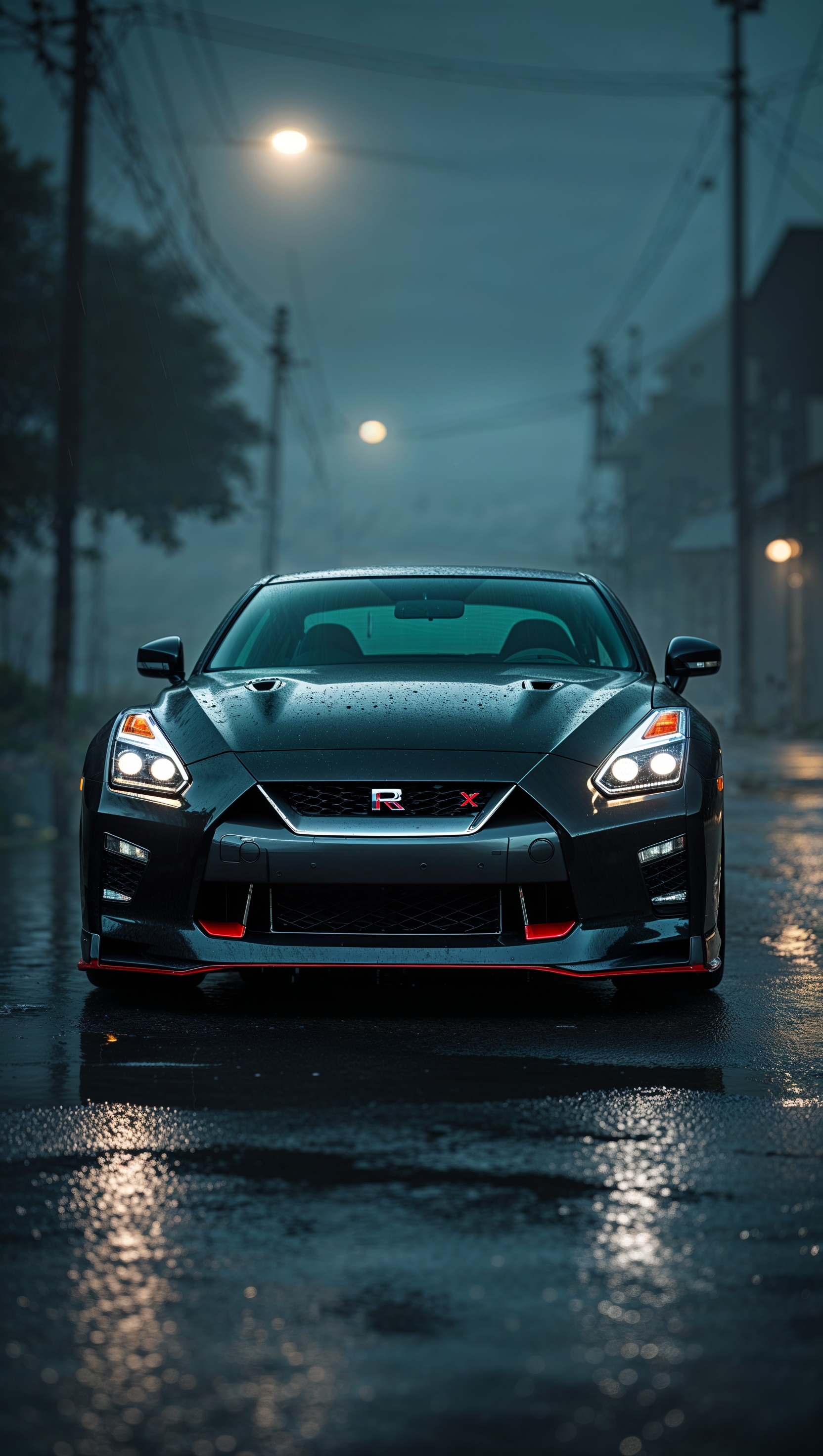 Nissan GTR on an empty rainy street with cinematic style