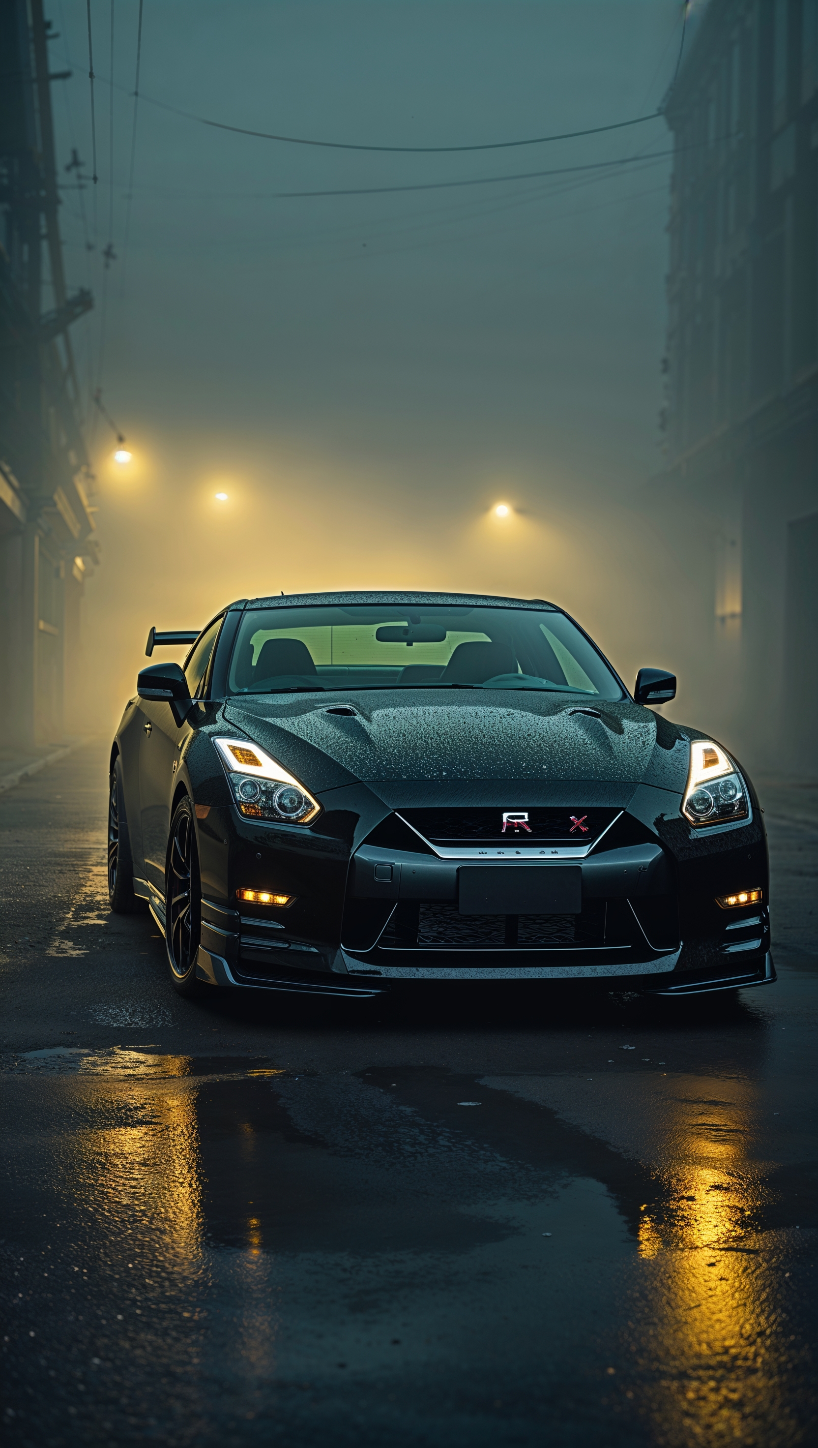 Nissan GTR at night with fog and low beam lights