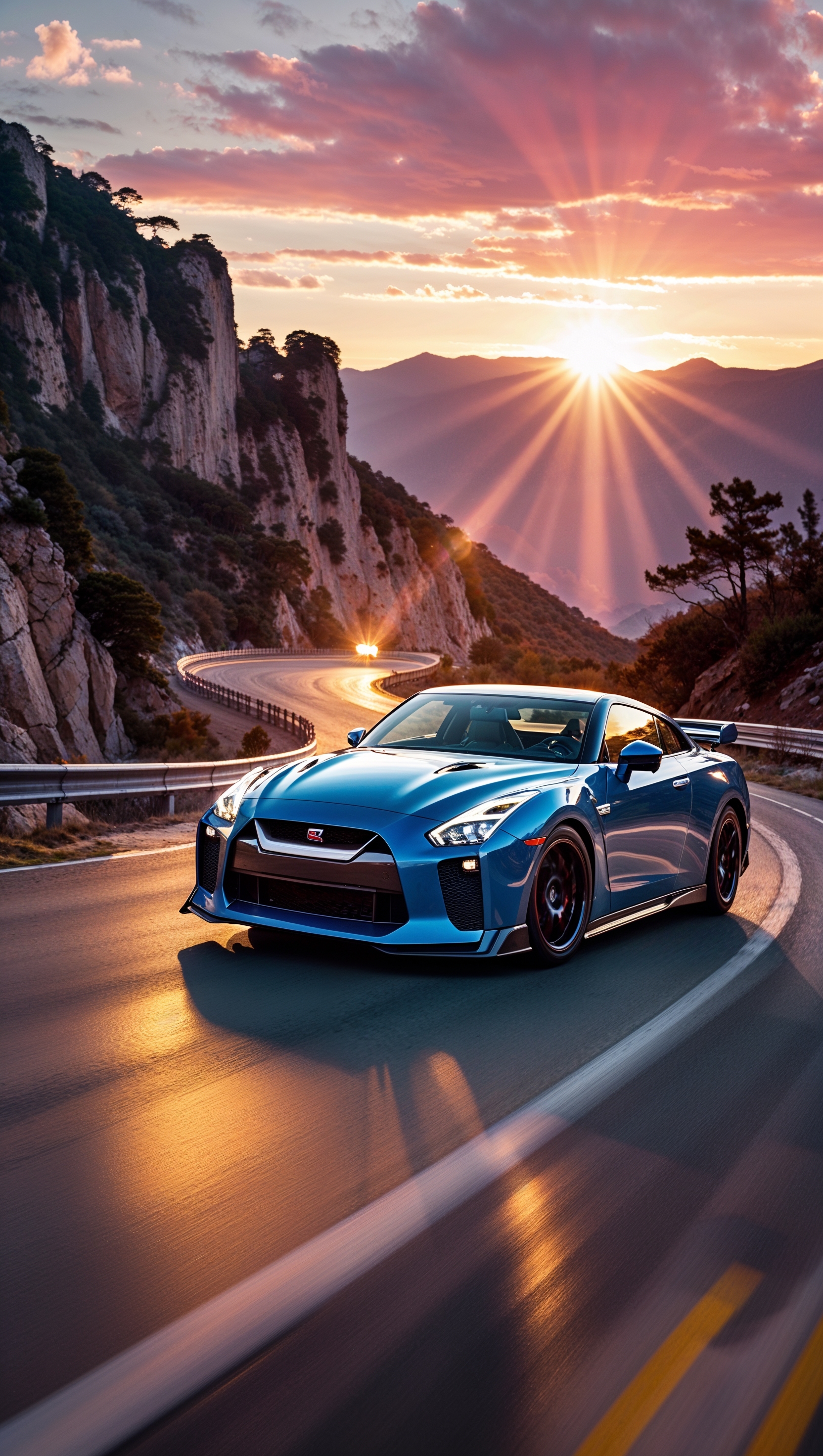 Nissan GTR driving on a mountain road at sunset