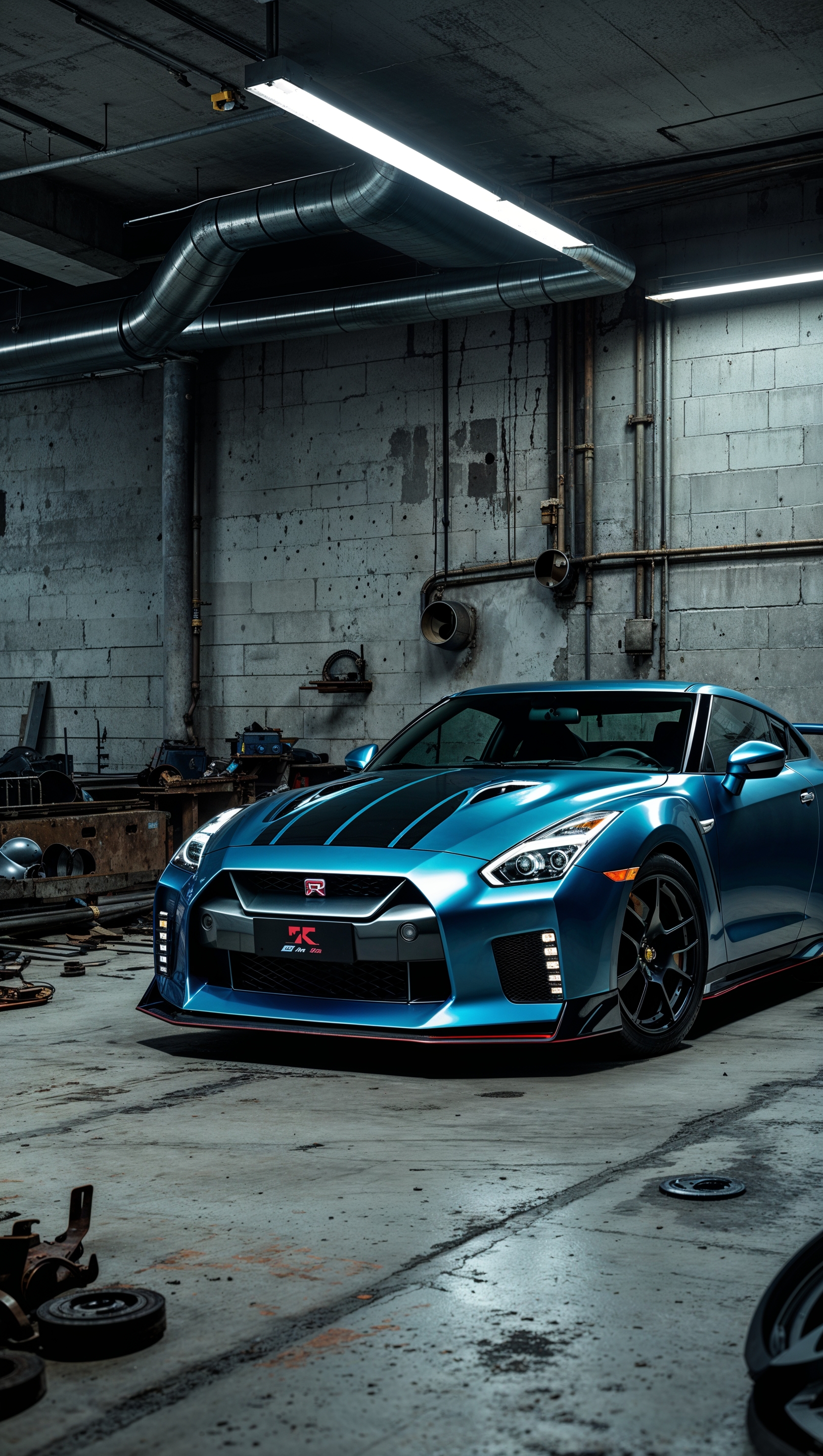 Classic Nissan GTR next to a modern one in an industrial garage