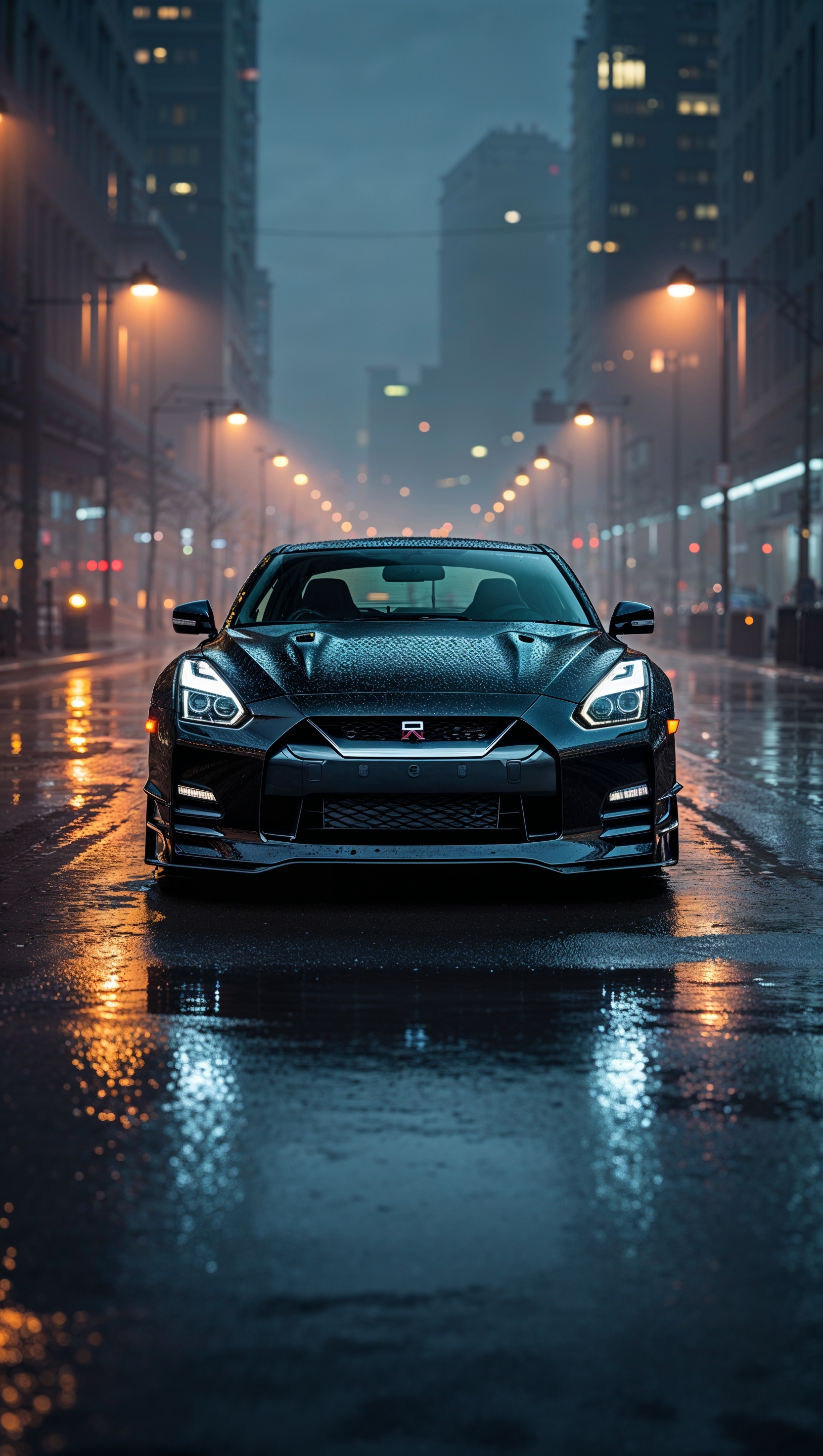 Nissan GTR in the middle of a wet street with light reflections