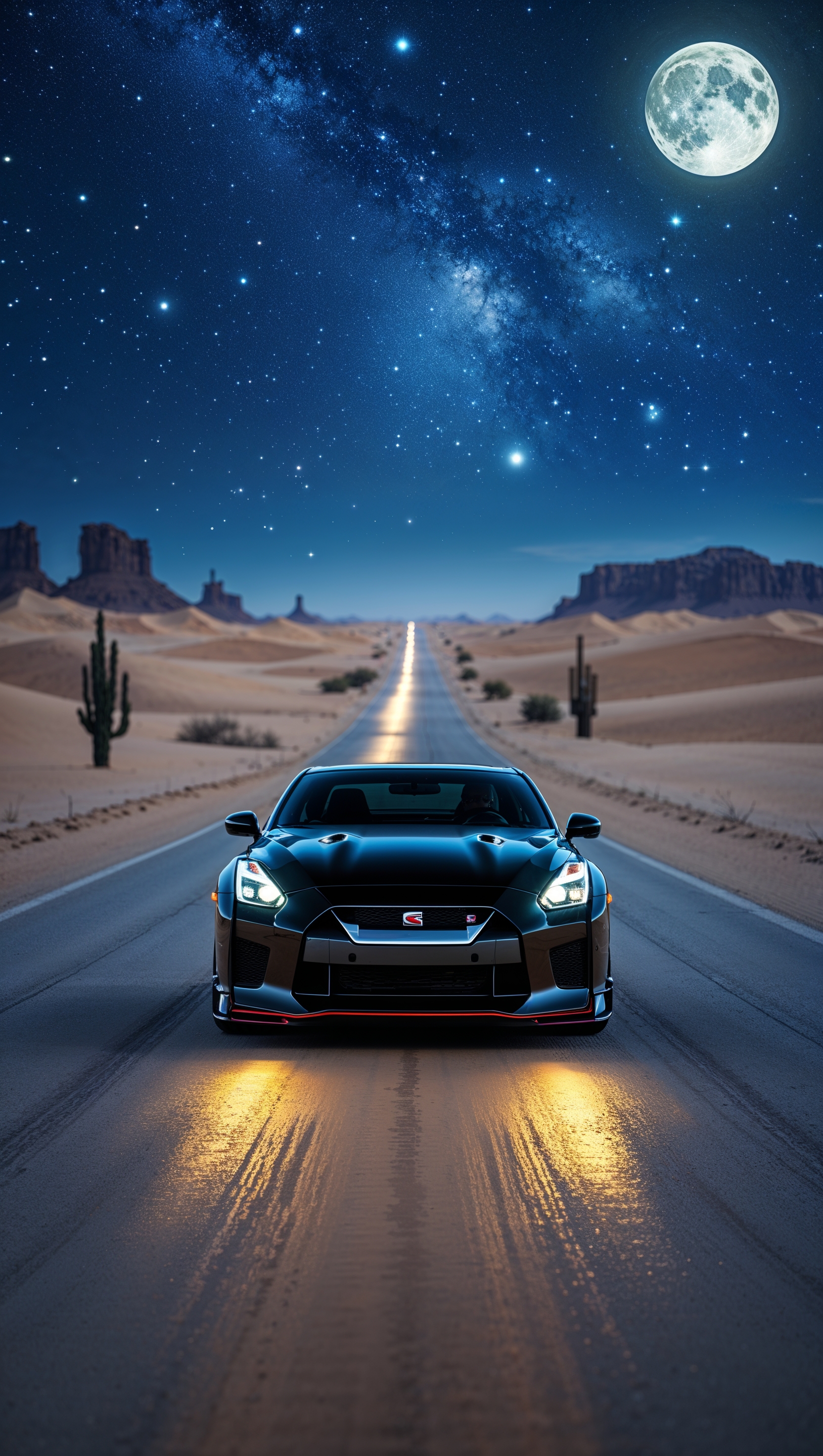 Nissan GTR on a desert road under a star-filled sky