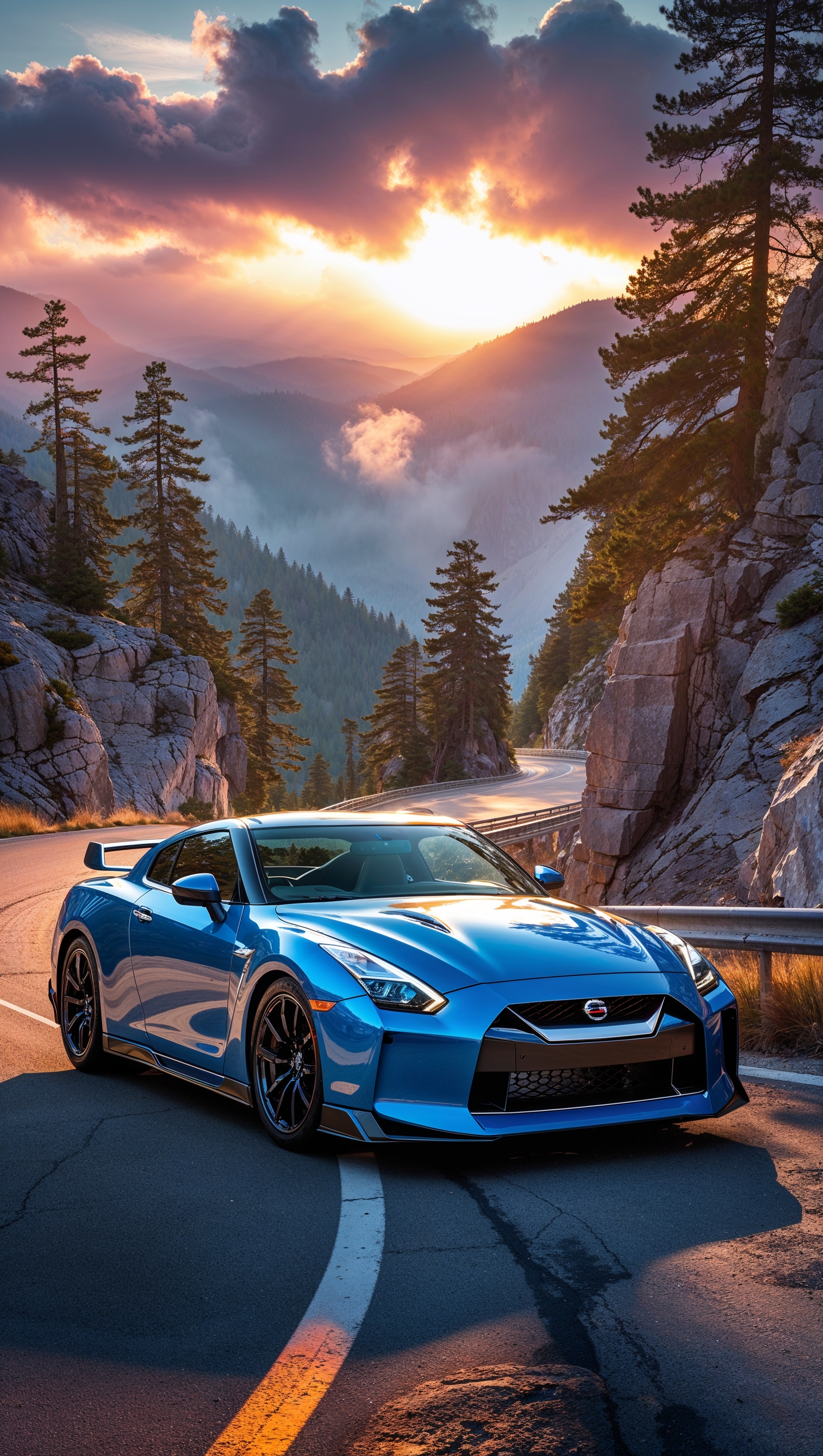 Blue Nissan GTR in mountain sunrise light