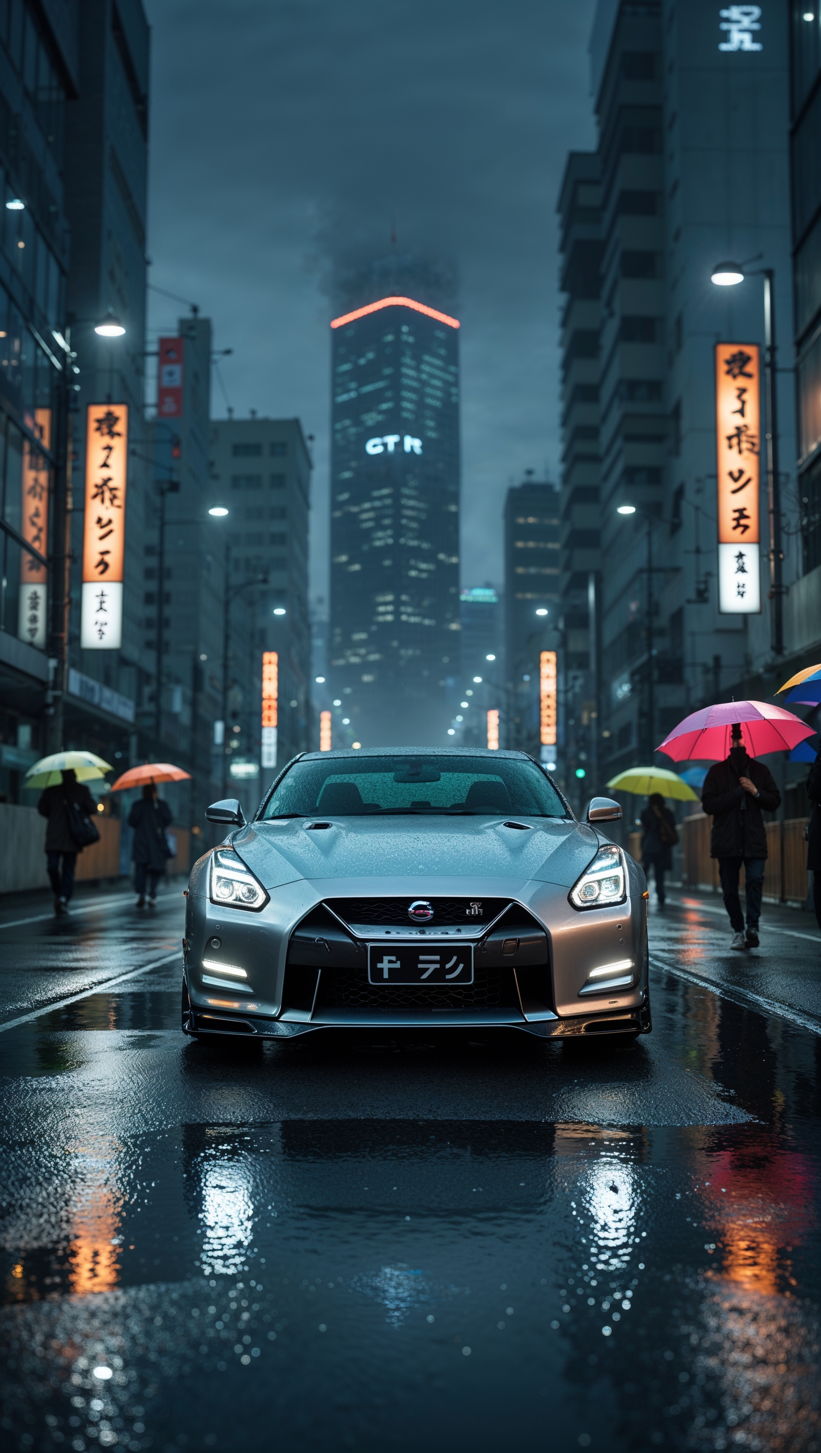Nissan GTR in quiet Tokyo streets with light rain