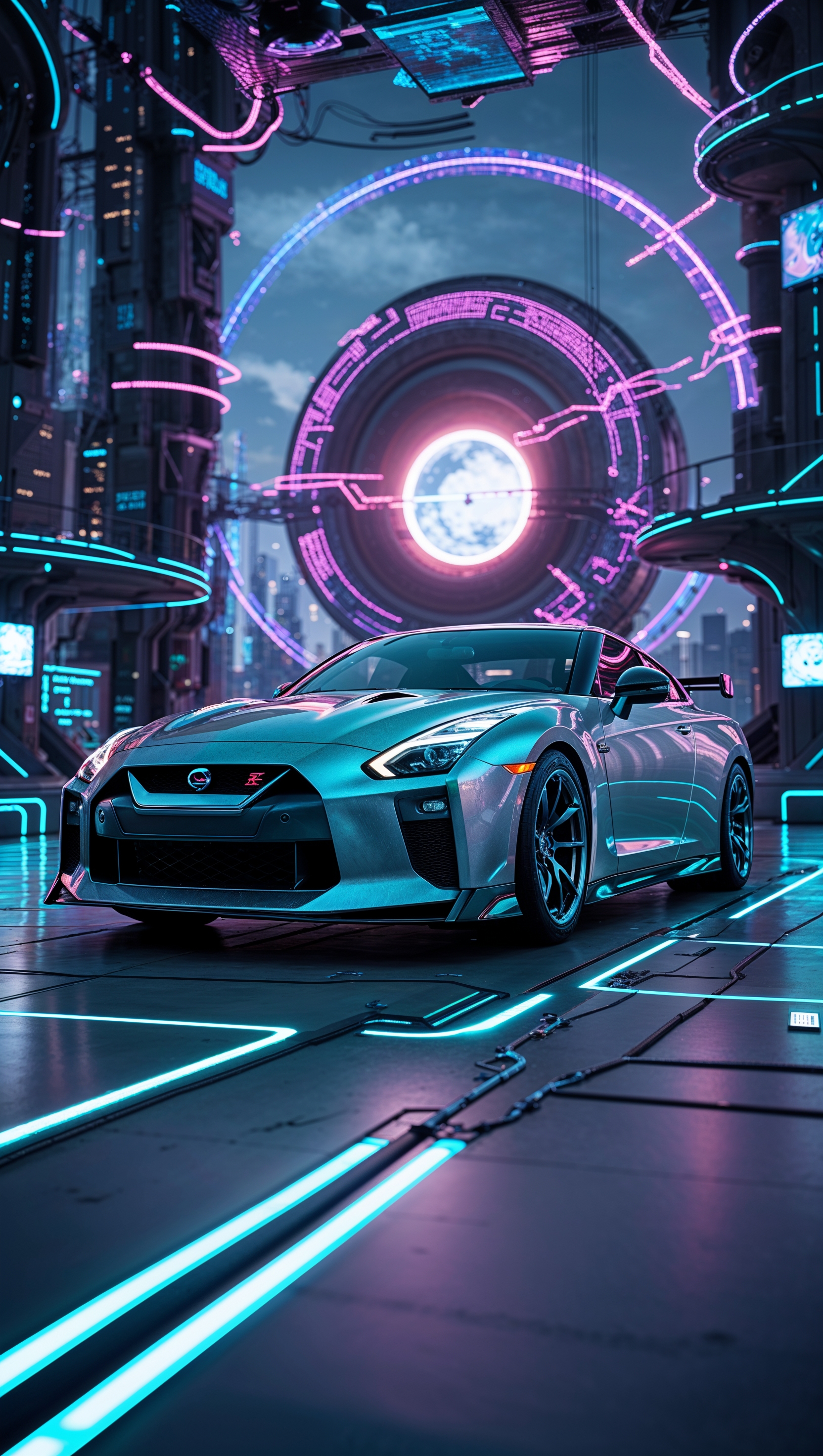 Nissan GTR in a sci-fi environment with tech elements