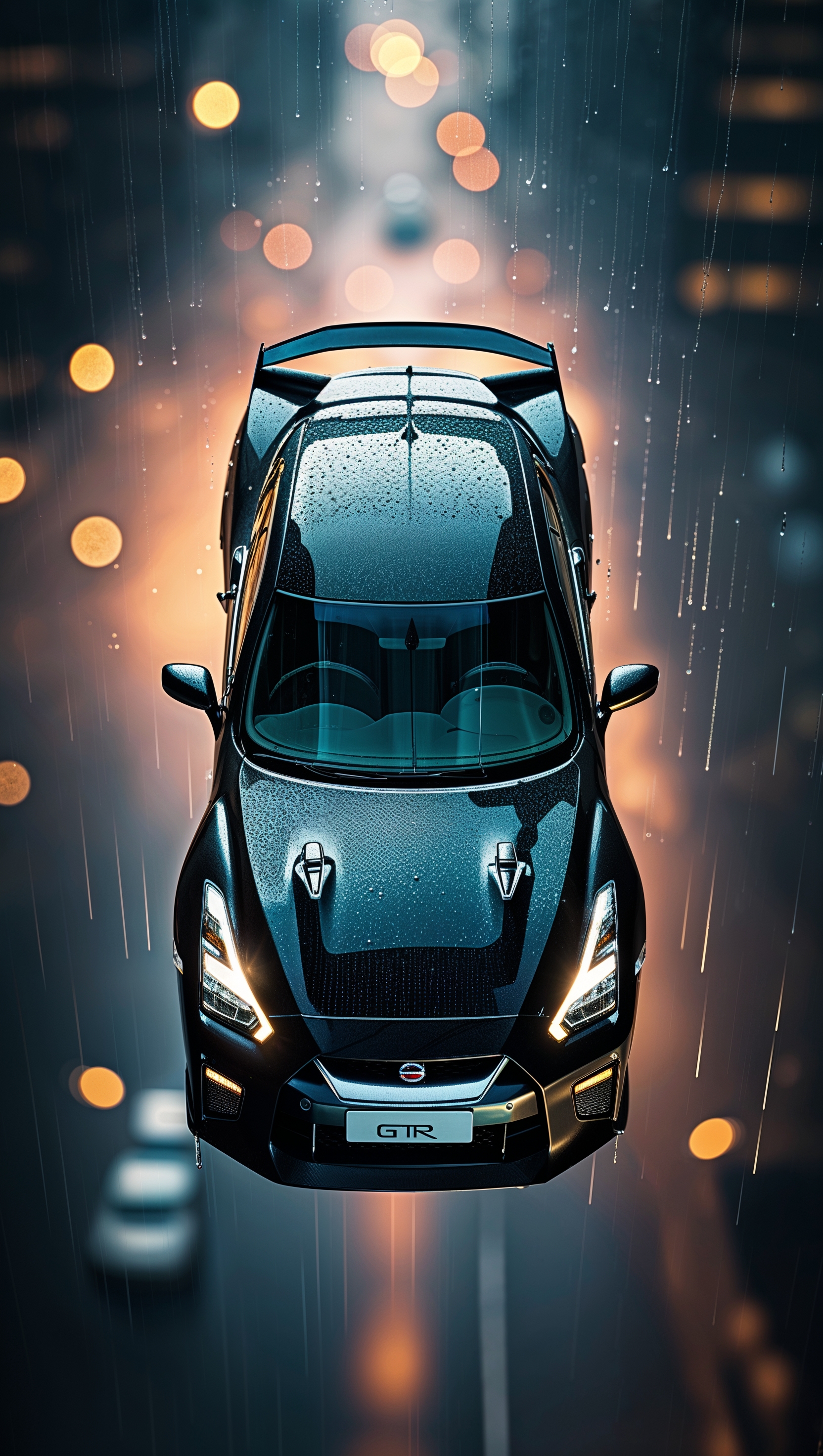 Top-down view of Nissan GTR through wet glass