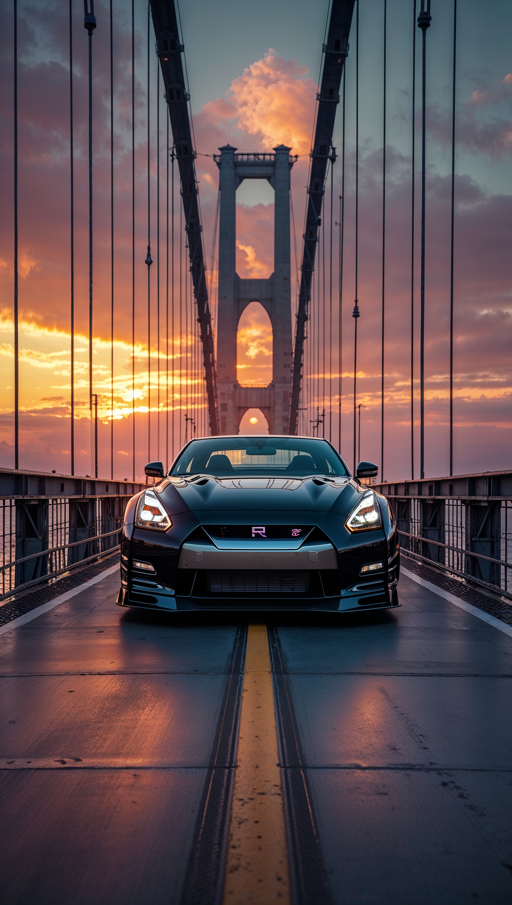 Nissan GTR on a suspension bridge during golden sunset