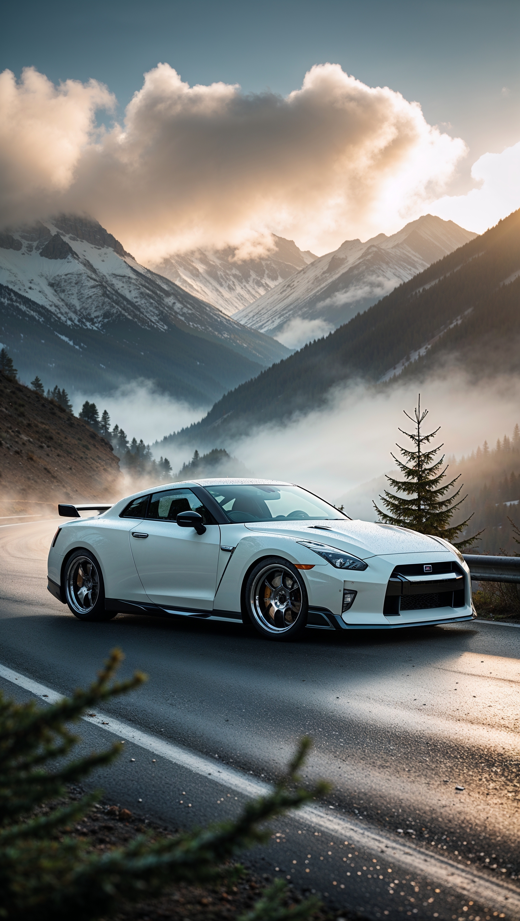 White Nissan GTR with foggy mountain background