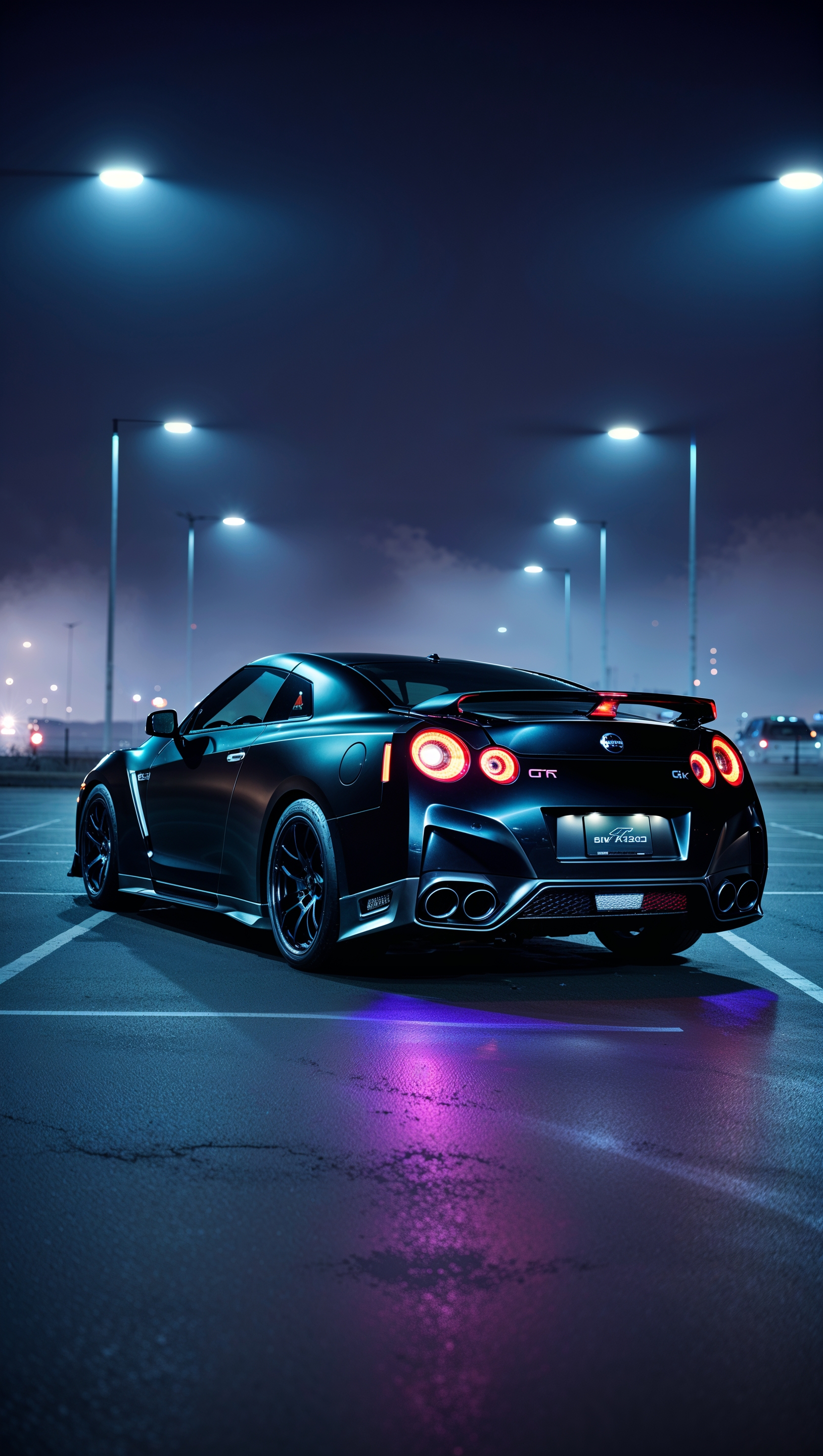 Nissan GTR in a night parking lot with dim lighting