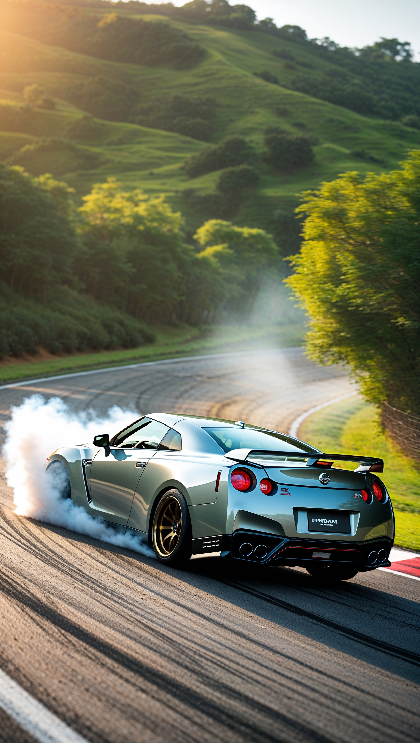 Nissan GTR drifting on a road curve