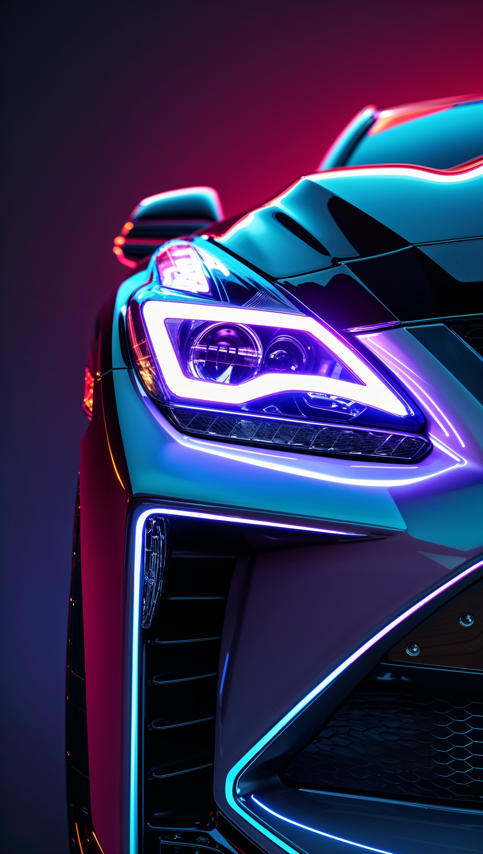 Close-up of Nissan GTR headlight with neon lighting