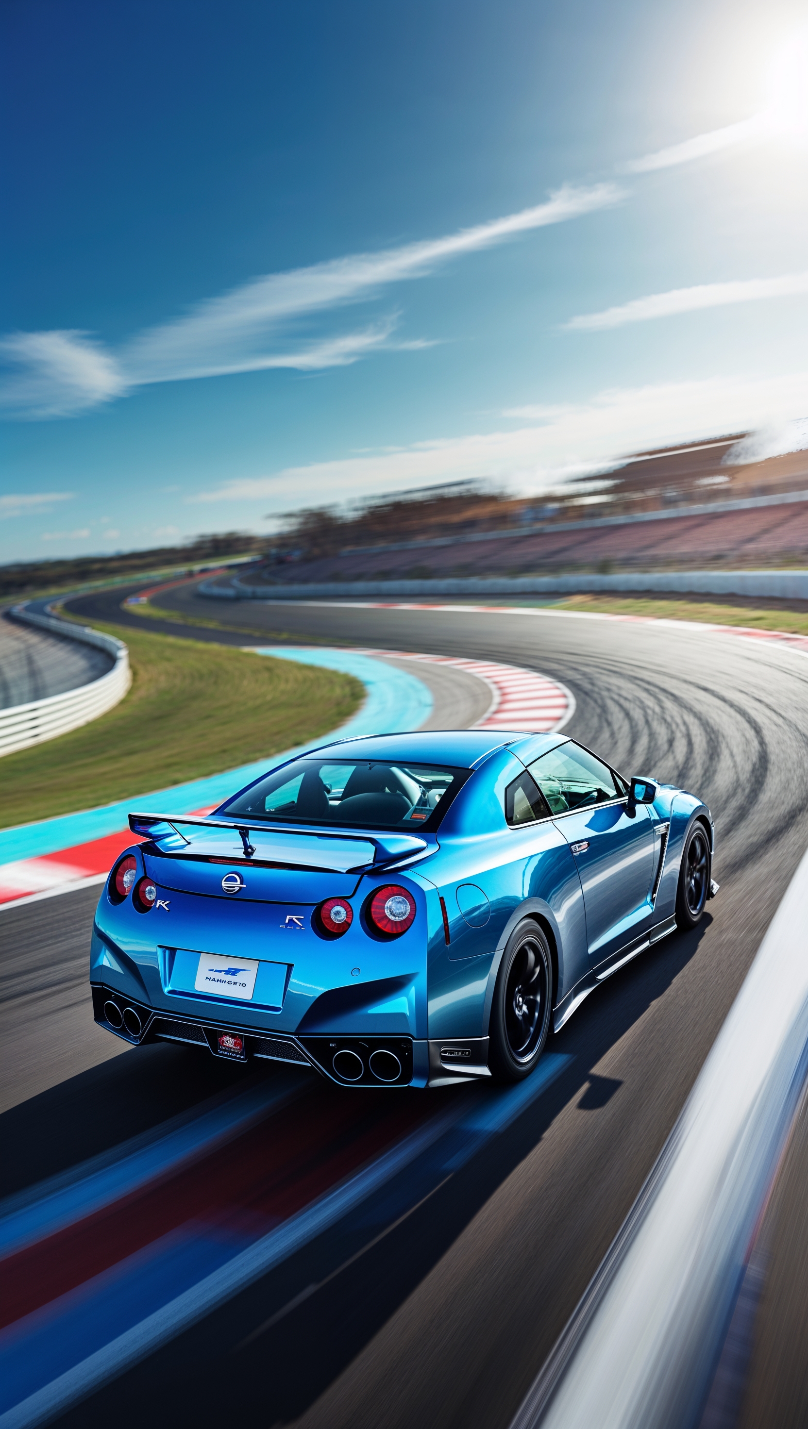 Aerial view of Nissan GTR on a racing track