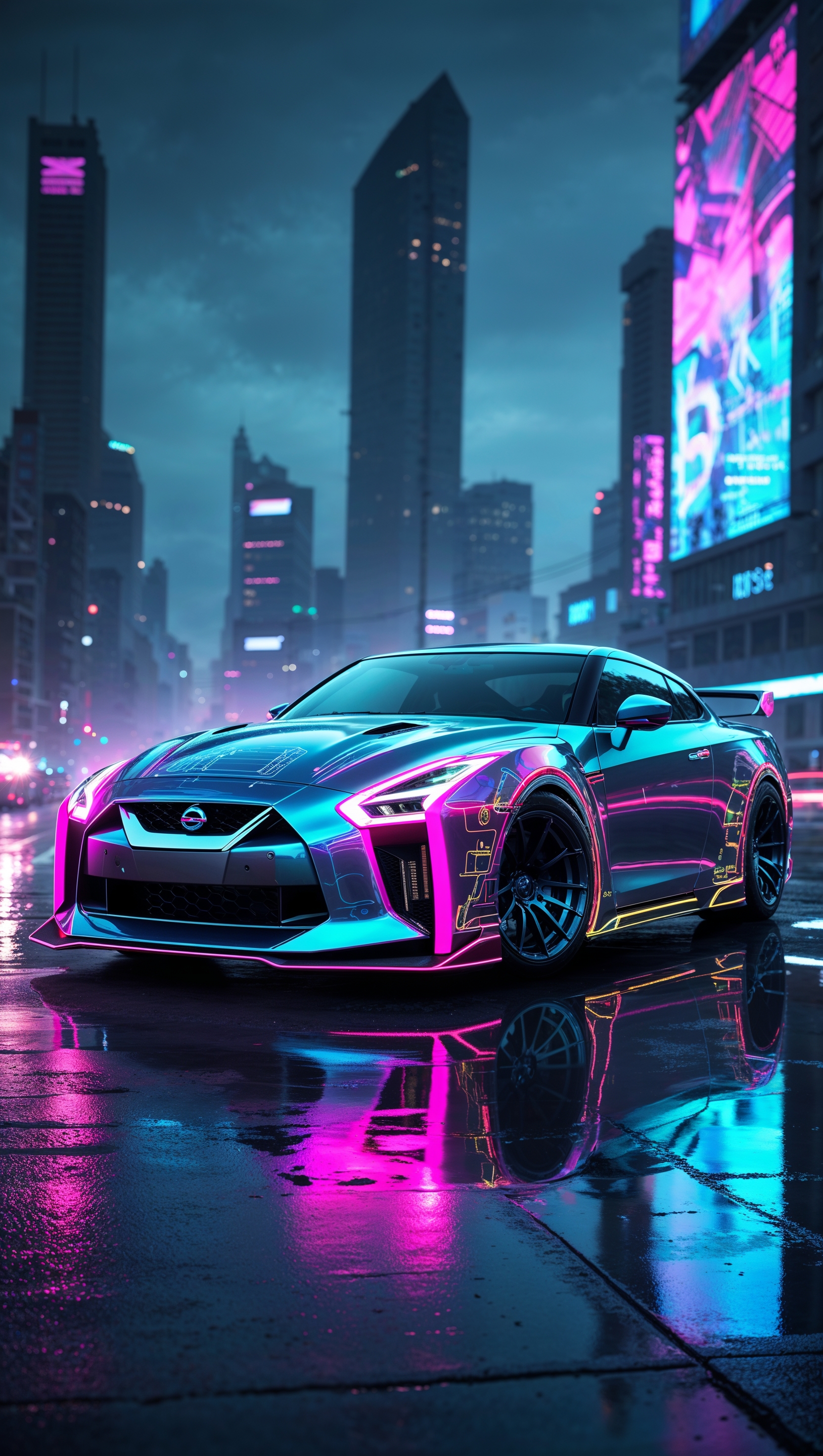 Nissan GTR with cyberpunk effects and colorful lights