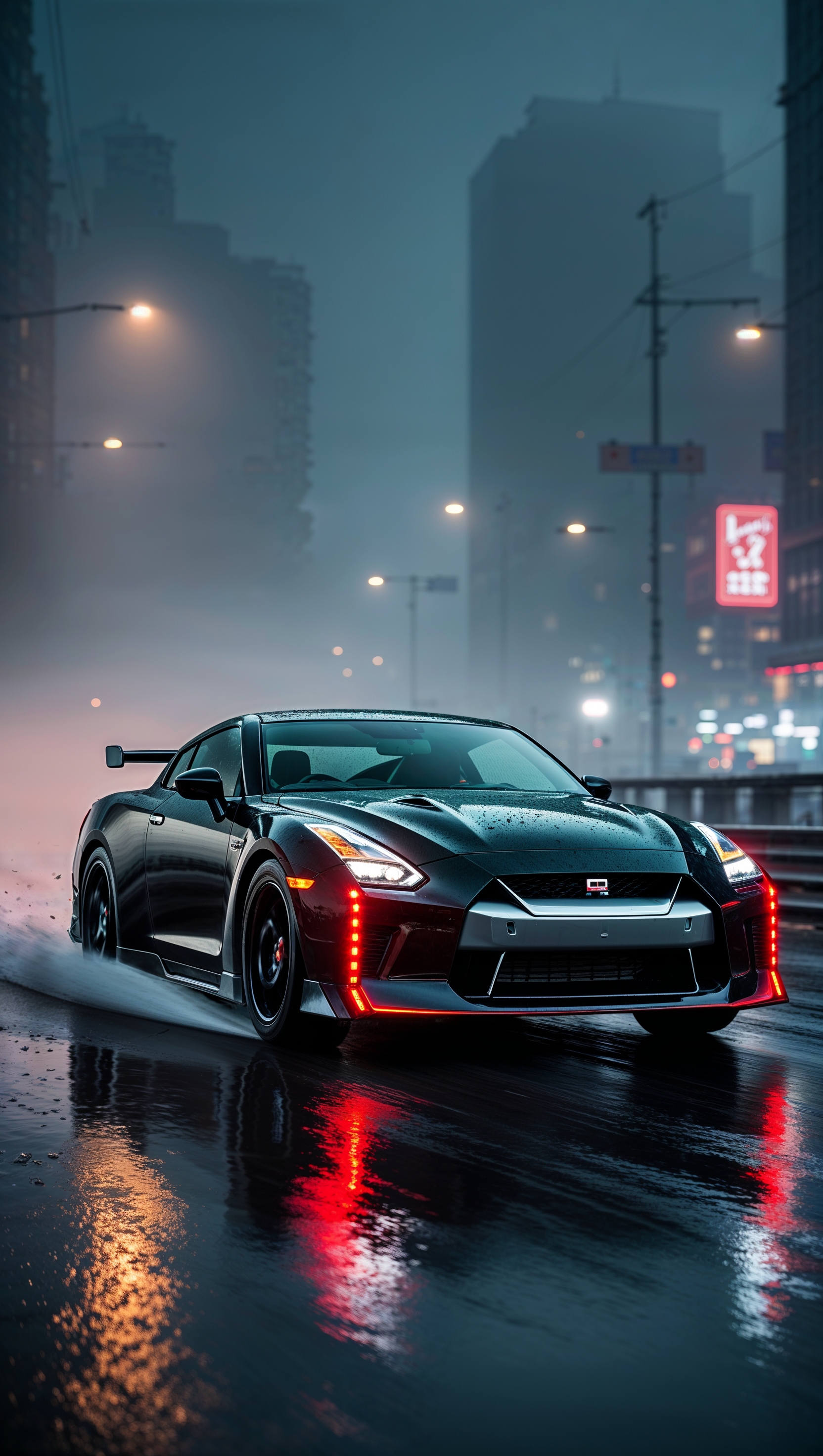 Nissan GTR on a wet road at night