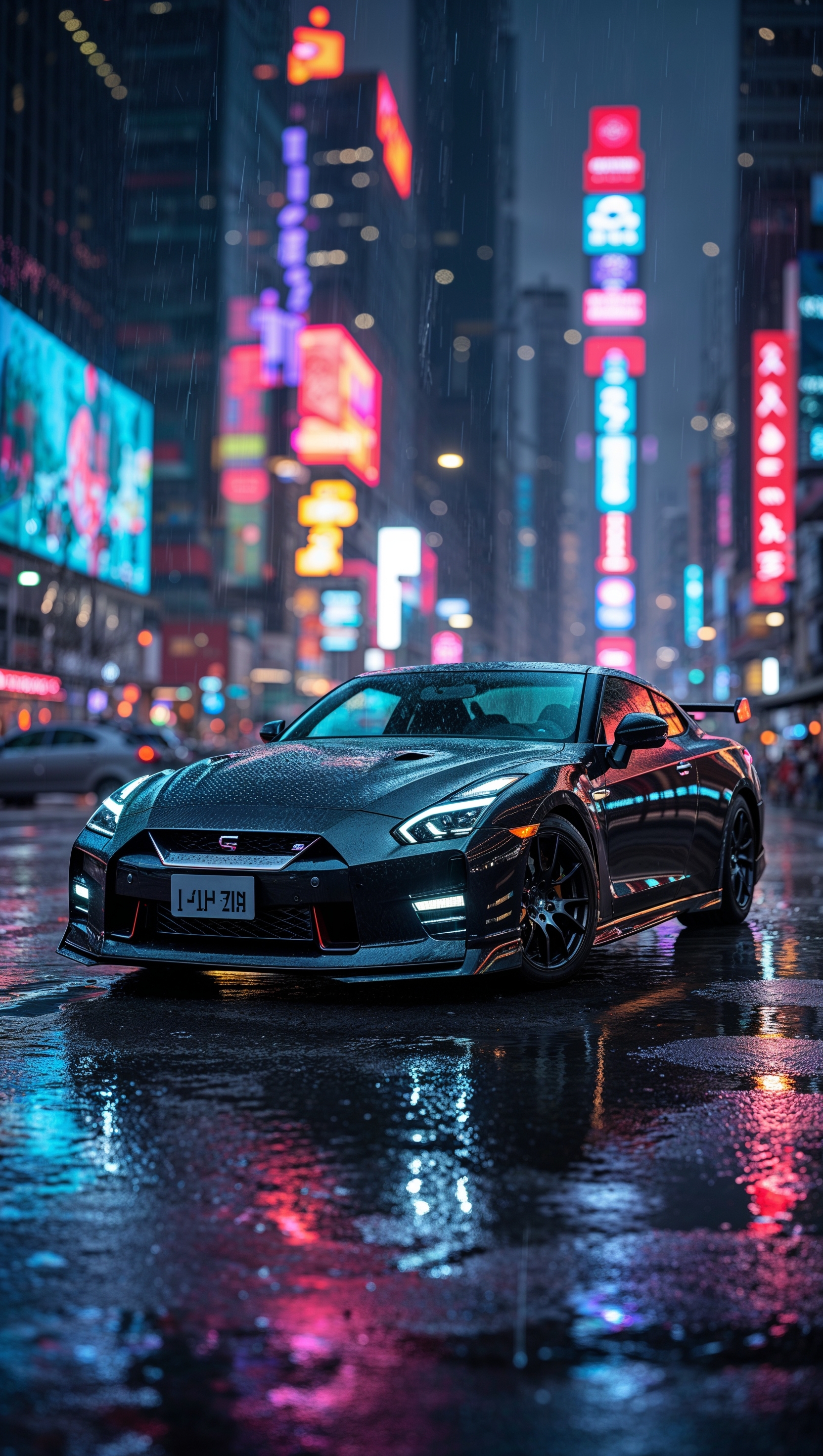 Black Nissan GTR in the rain with reflections of city lights